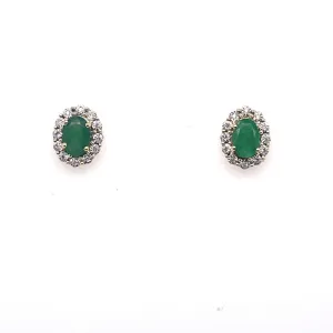10k Yellow Gold Natural Oval Emerald and diamond Halo earrings