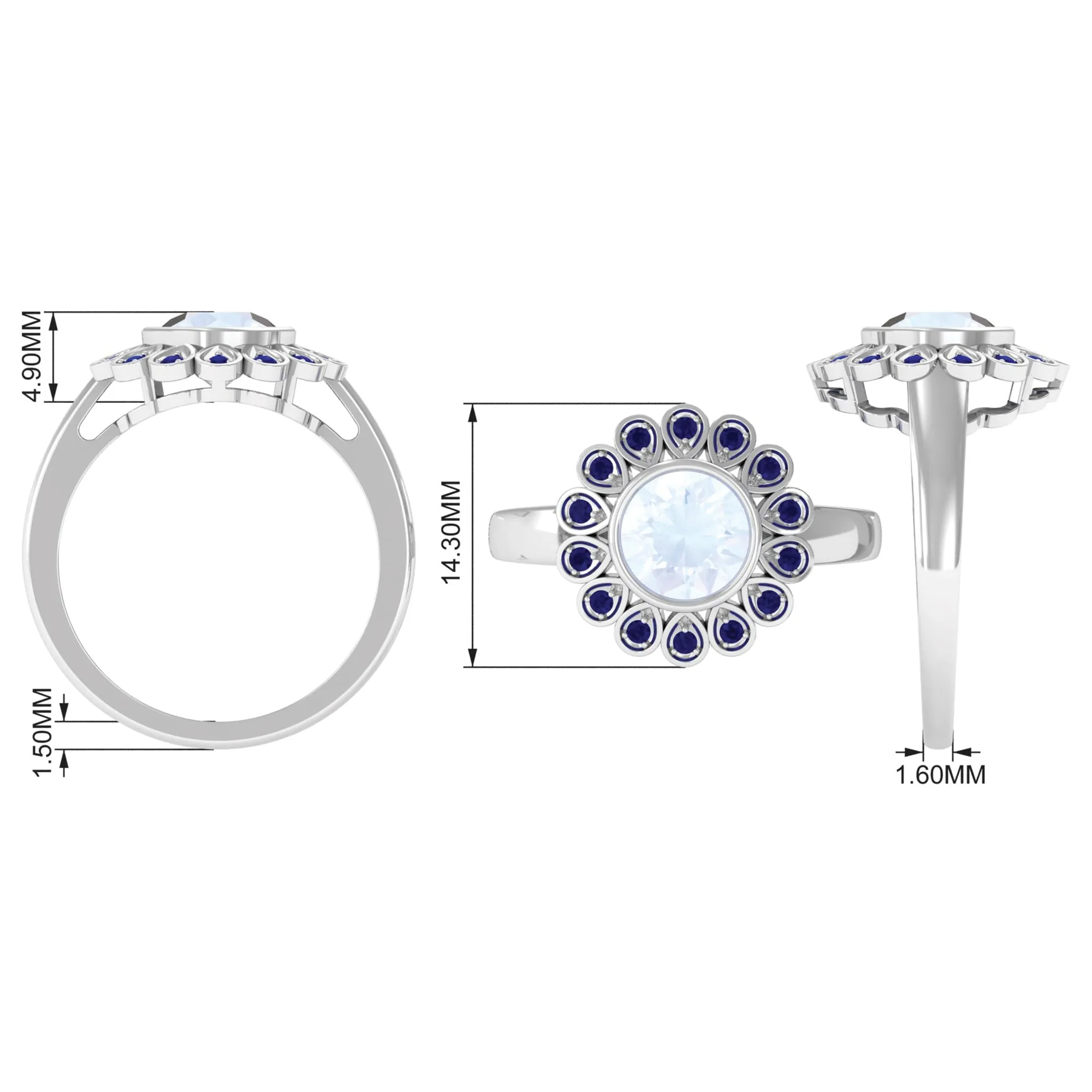 1.25 CT Bezel Set Moonstone Vintage Inspired Engagement Ring with Blue Sapphire