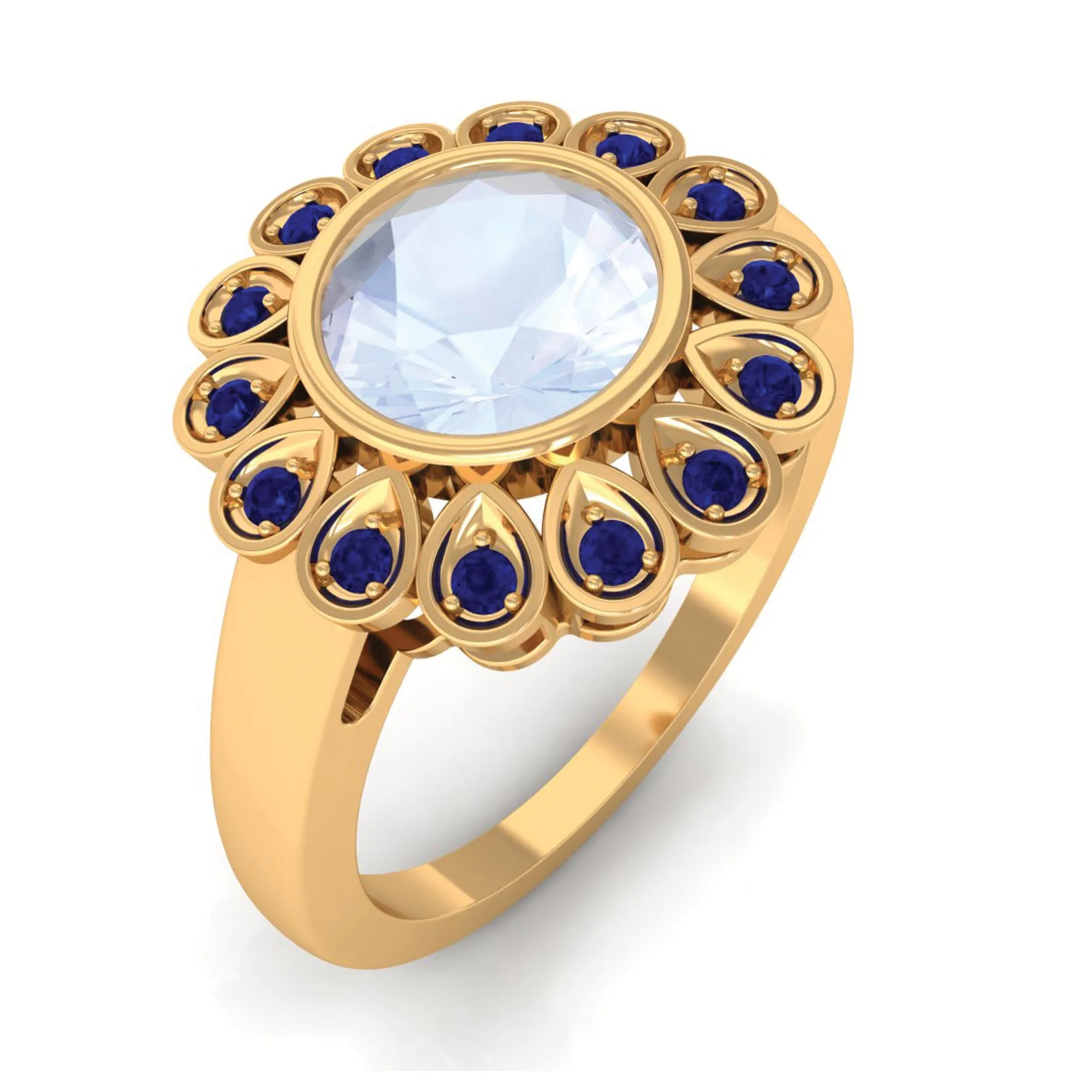 1.25 CT Bezel Set Moonstone Vintage Inspired Engagement Ring with Blue Sapphire