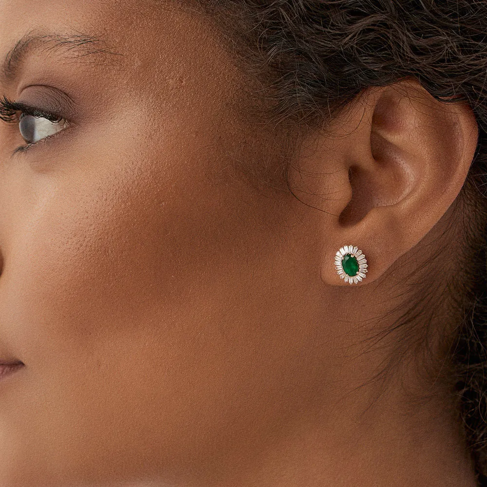 14k Emerald and Baguette Diamond Ballerina Stud Earrings