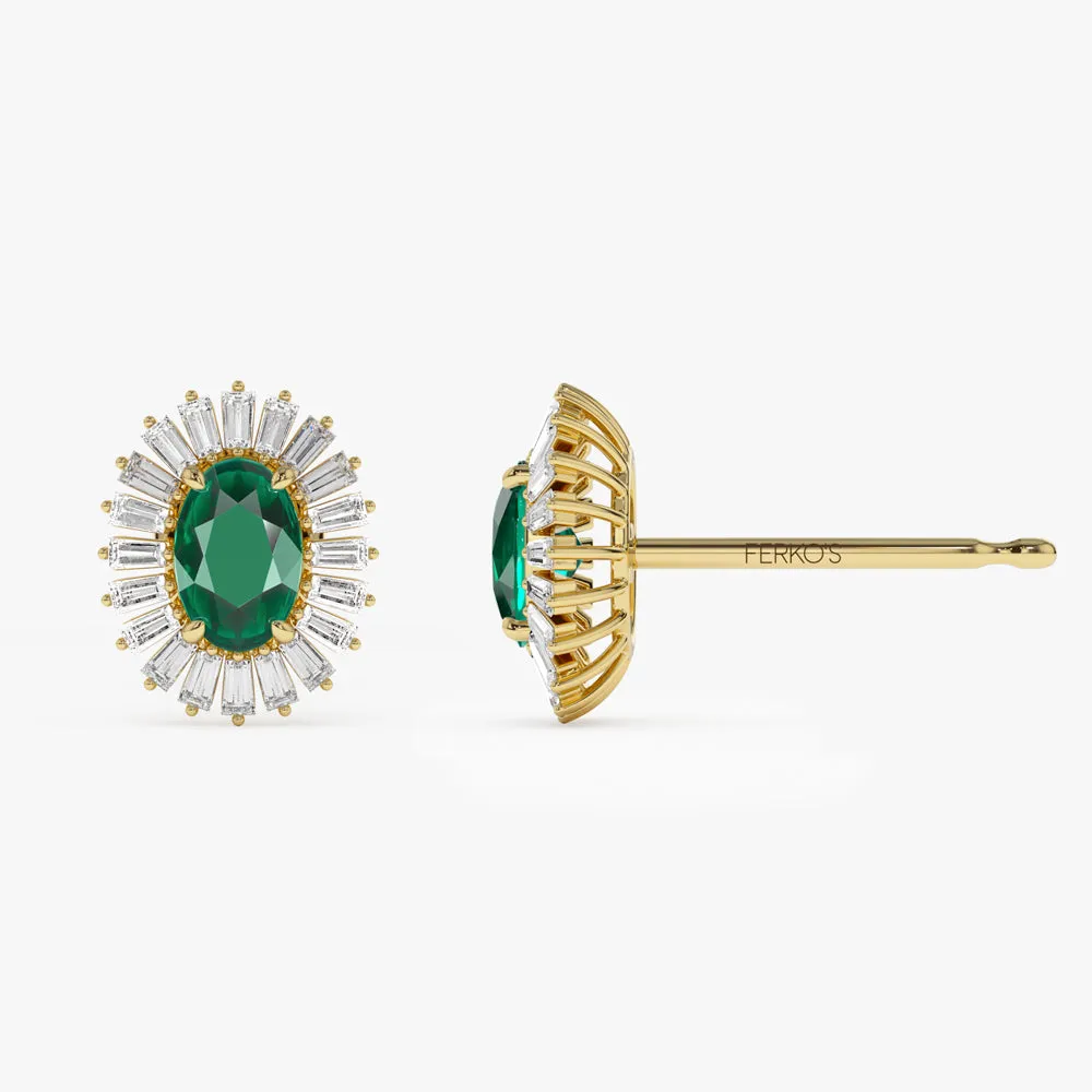 14k Emerald and Baguette Diamond Ballerina Stud Earrings