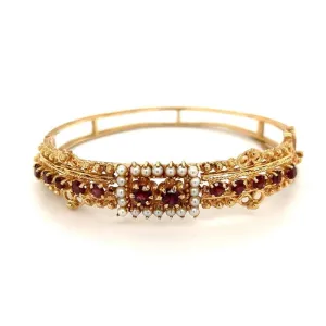 14K YG Victorian Revival Garnet & Seed Pearl Bangle Bracelet Regard Jewelry Austin, Texas