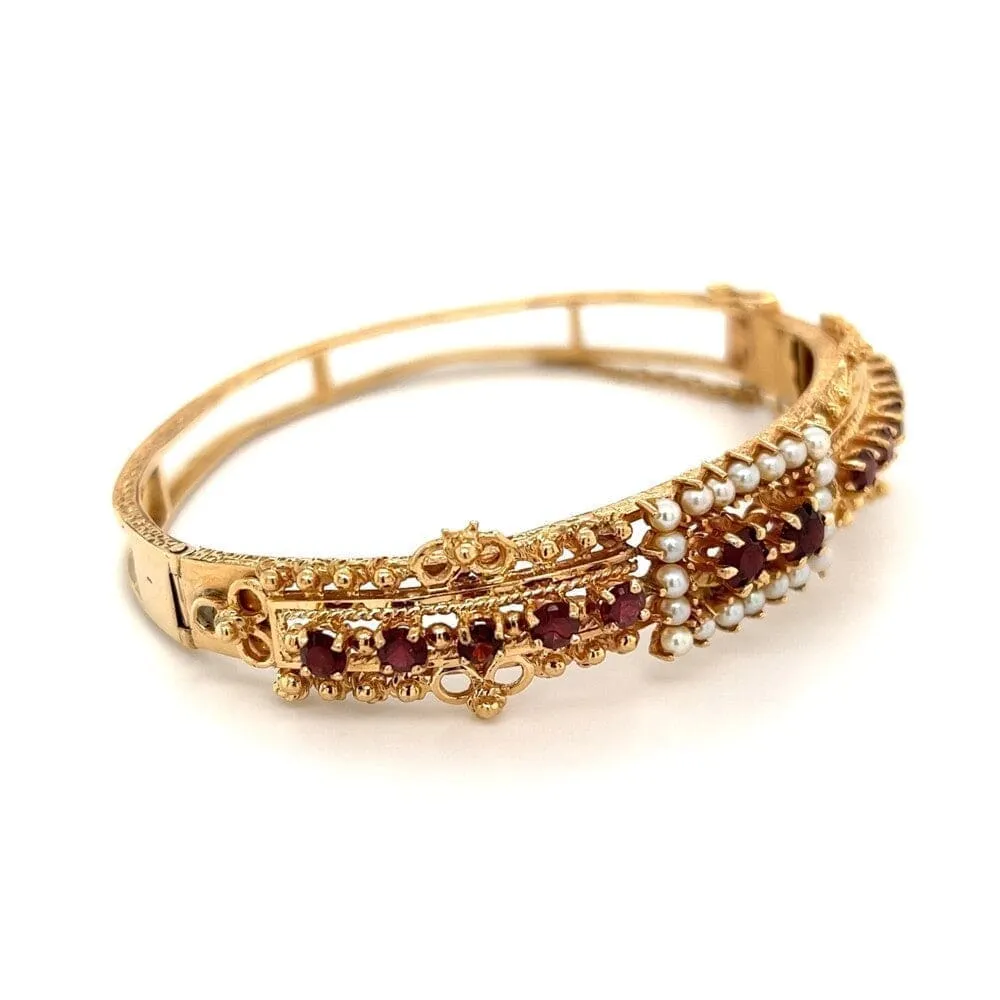 14K YG Victorian Revival Garnet & Seed Pearl Bangle Bracelet Regard Jewelry Austin, Texas