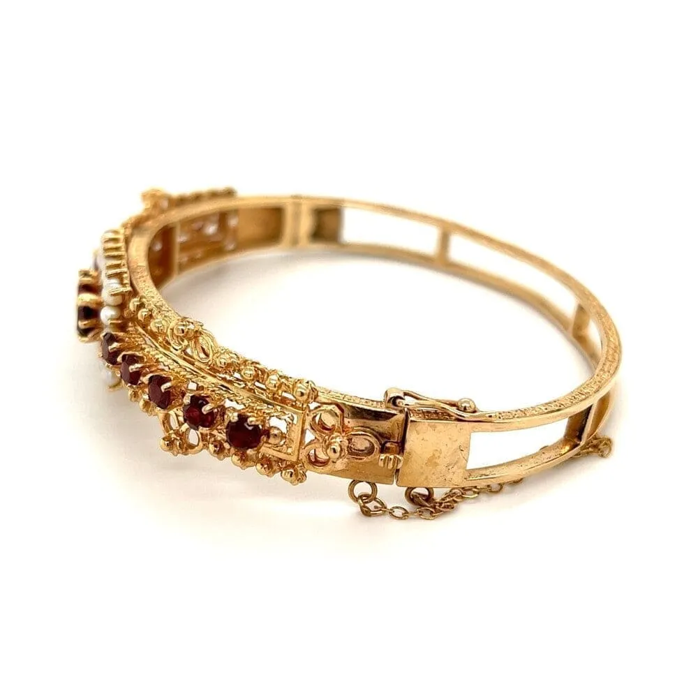 14K YG Victorian Revival Garnet & Seed Pearl Bangle Bracelet Regard Jewelry Austin, Texas