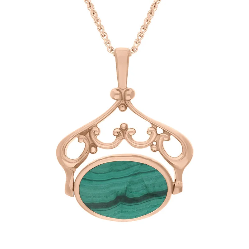 18ct Rose Gold Whitby Jet Malachite Double Sided Oval Swivel Fob Necklace