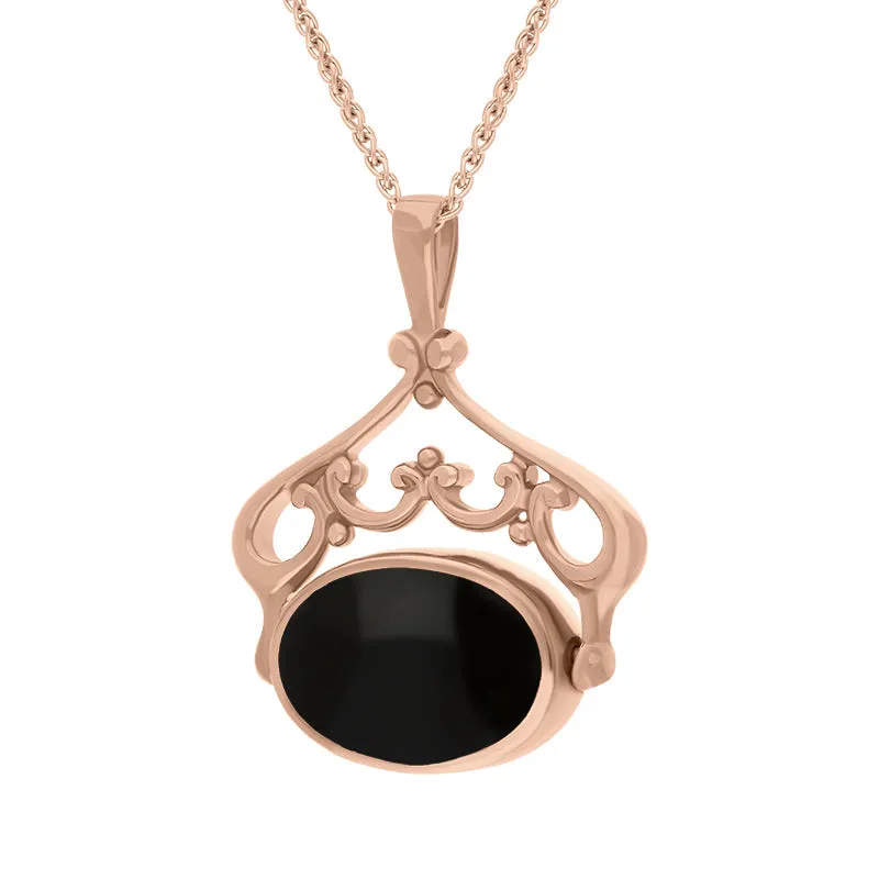 18ct Rose Gold Whitby Jet Malachite Double Sided Oval Swivel Fob Necklace