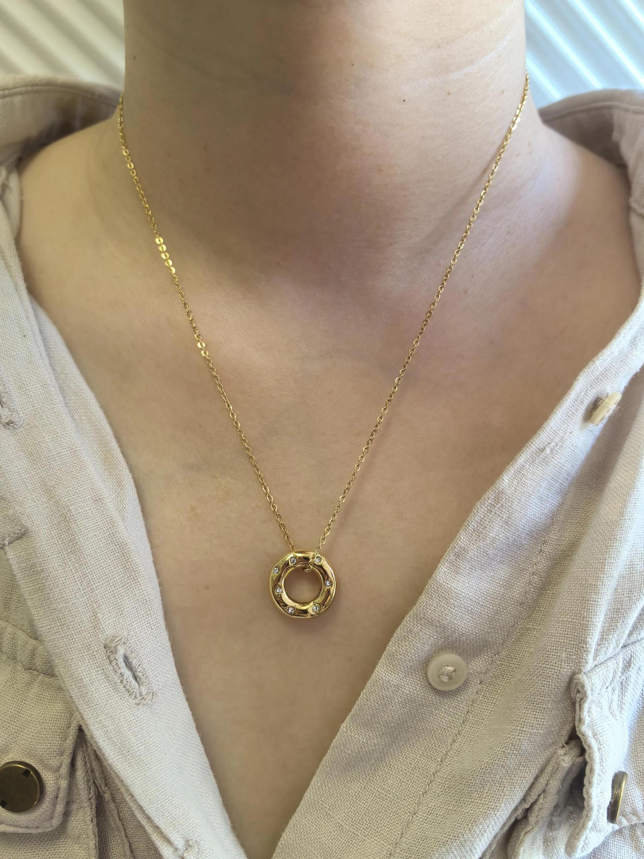 18K Gold Plate Stainless Steel Circle Zircon Pendant Dainty Necklace