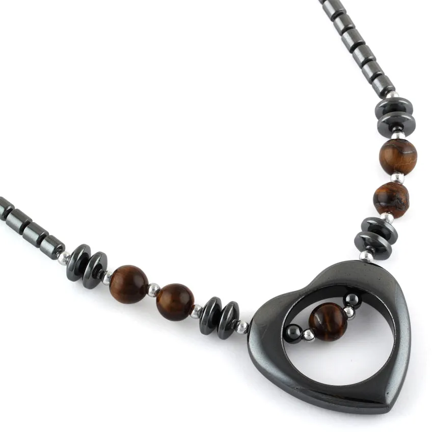 18" Open Heart Tiger Eye Stone Hematite Necklace