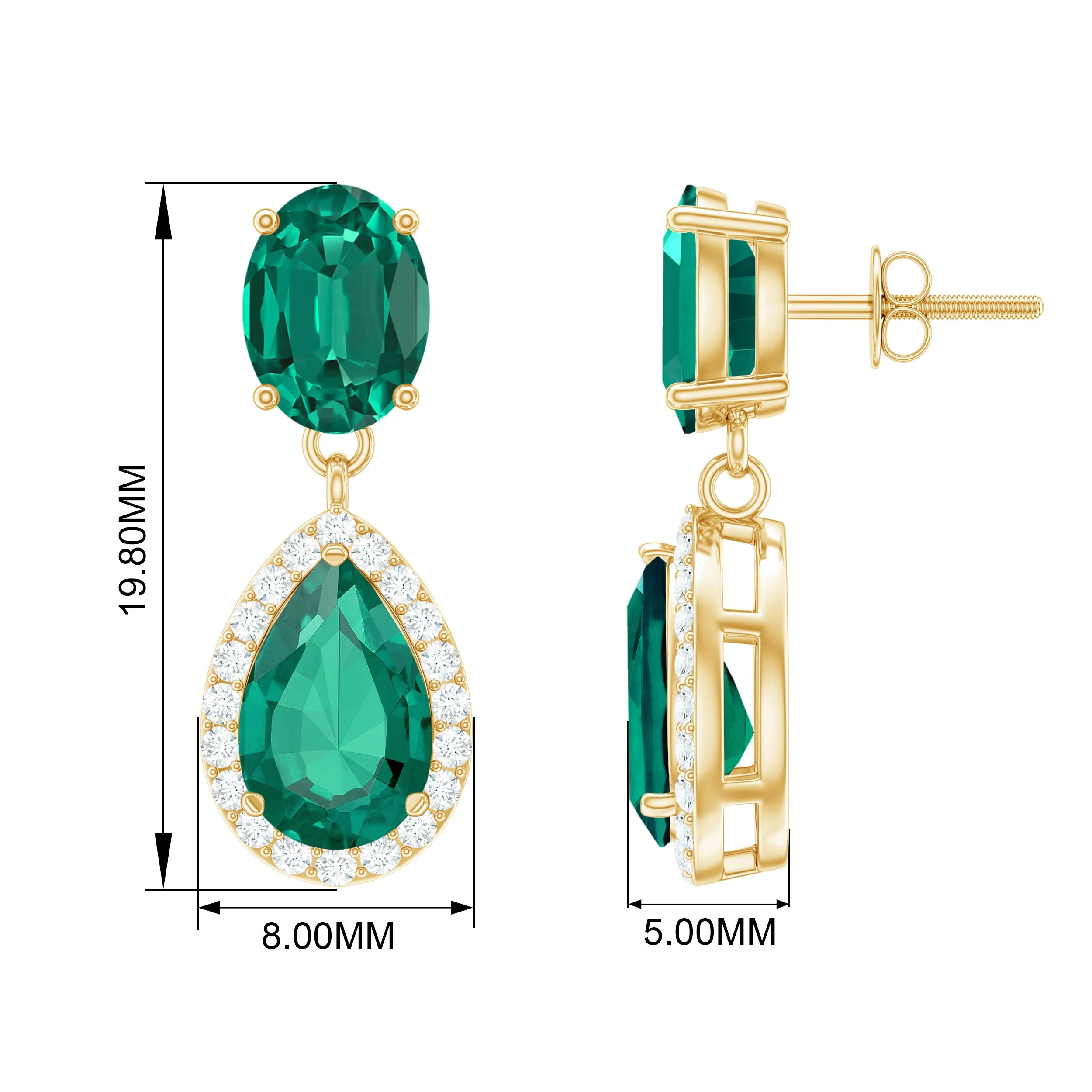 4.25 CT Created Emerald and Diamond Dangle Drop Earrings with Screw Back