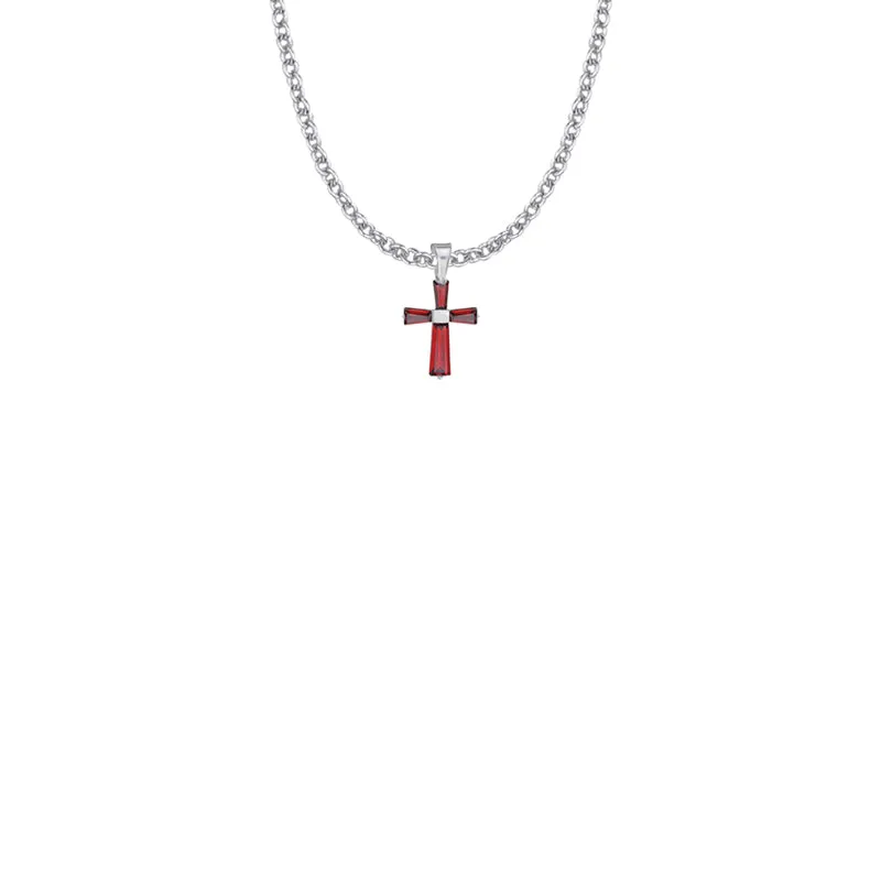 5/8 Inch Sterling Silver and Glass Crystal July Birthstone Baguette Cross Necklace