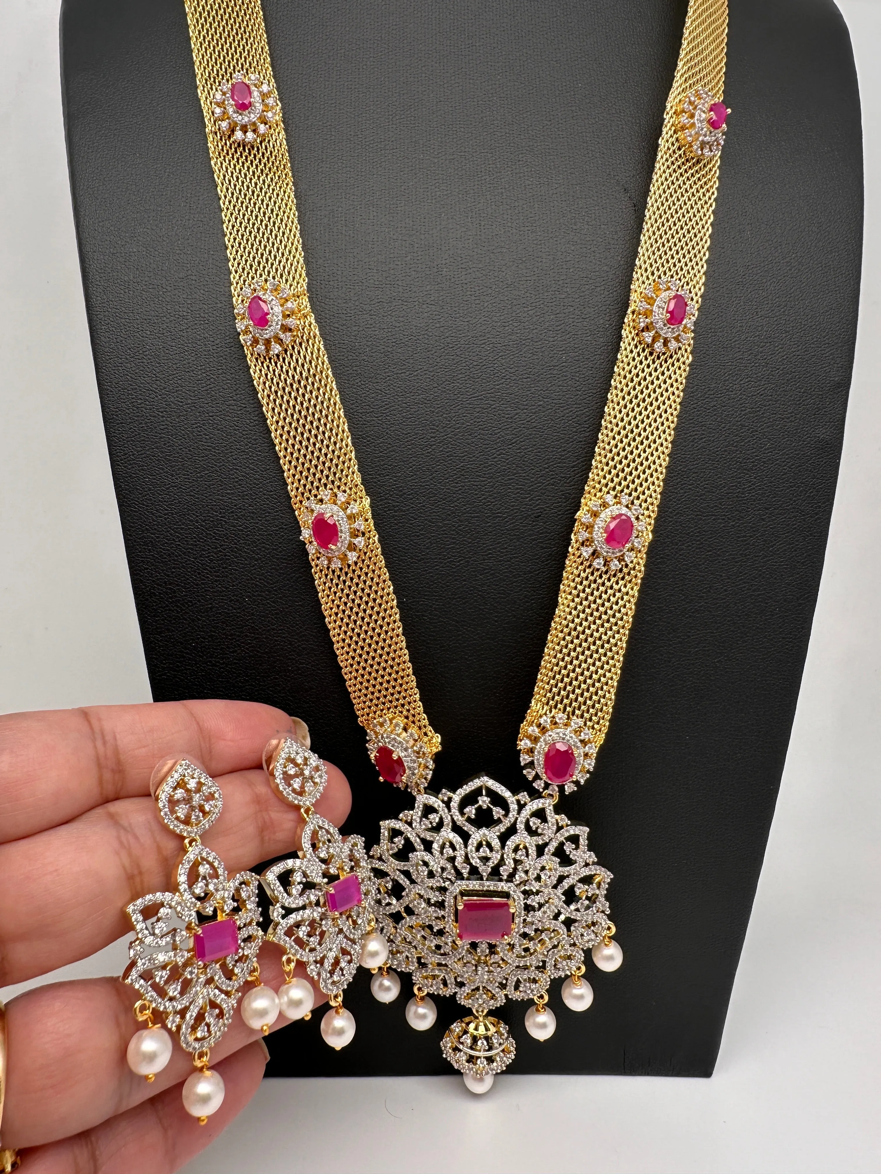 AD Golden Chain Color Stone Long Necklace