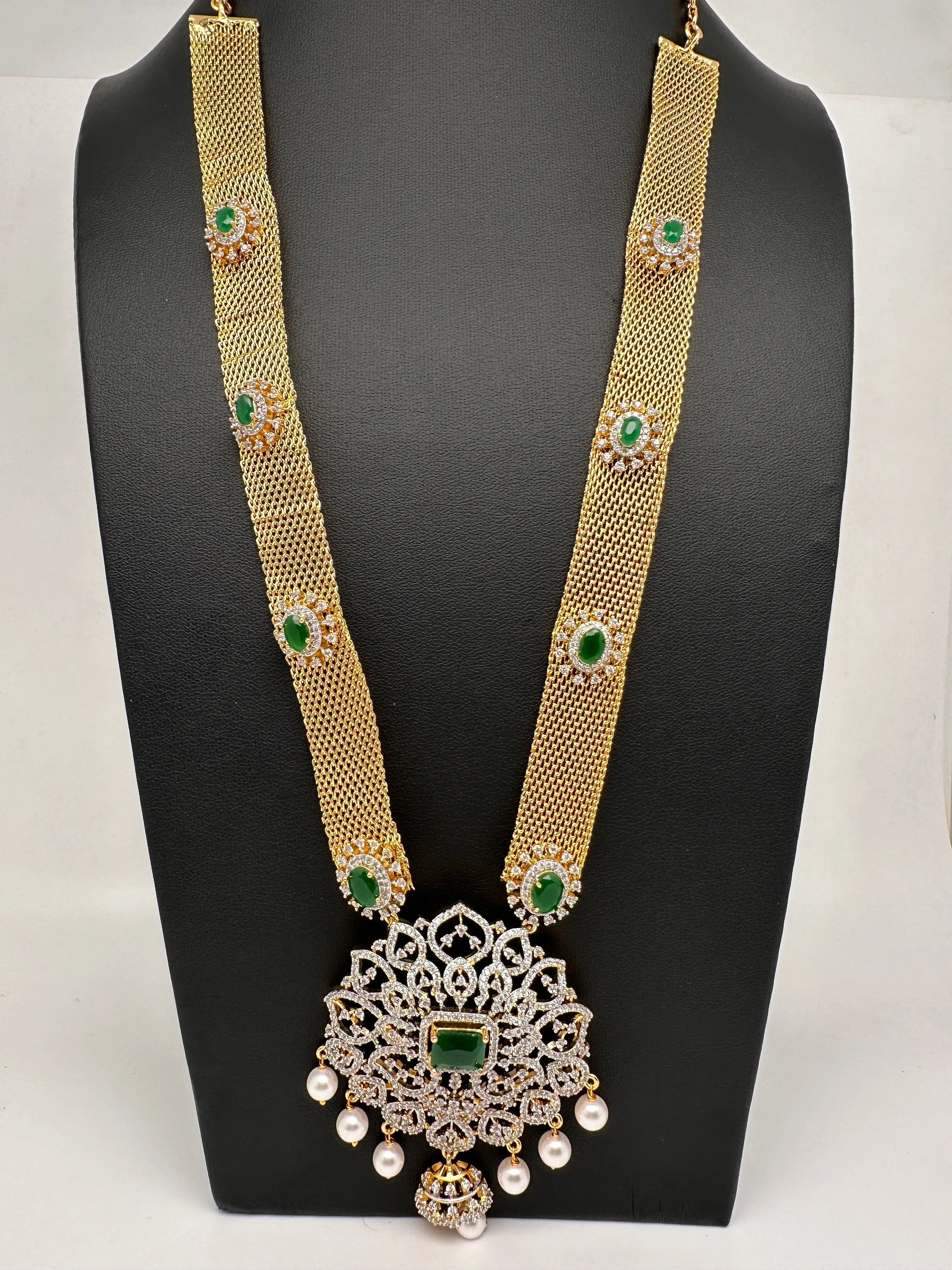 AD Golden Chain Color Stone Long Necklace