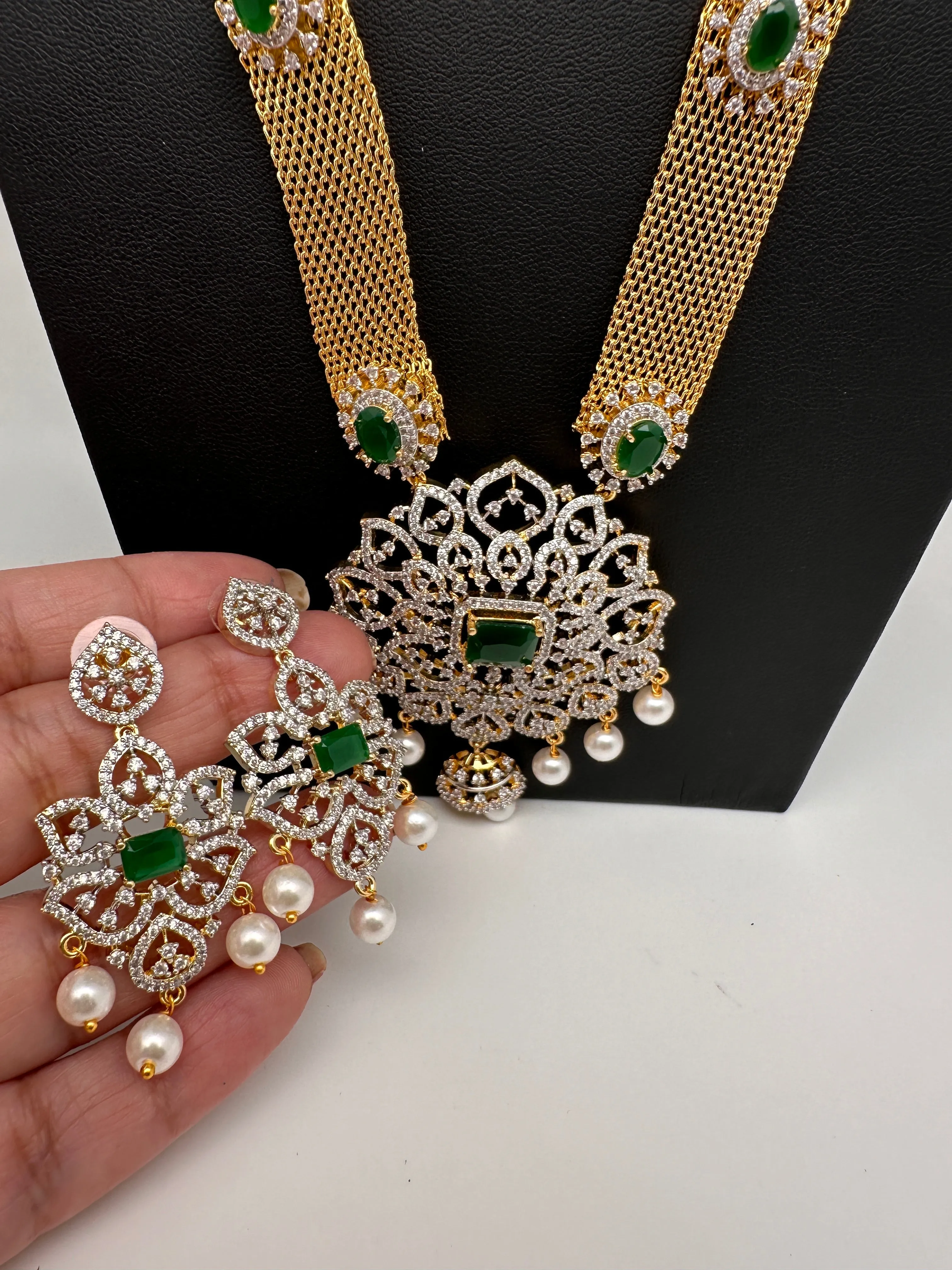 AD Golden Chain Color Stone Long Necklace