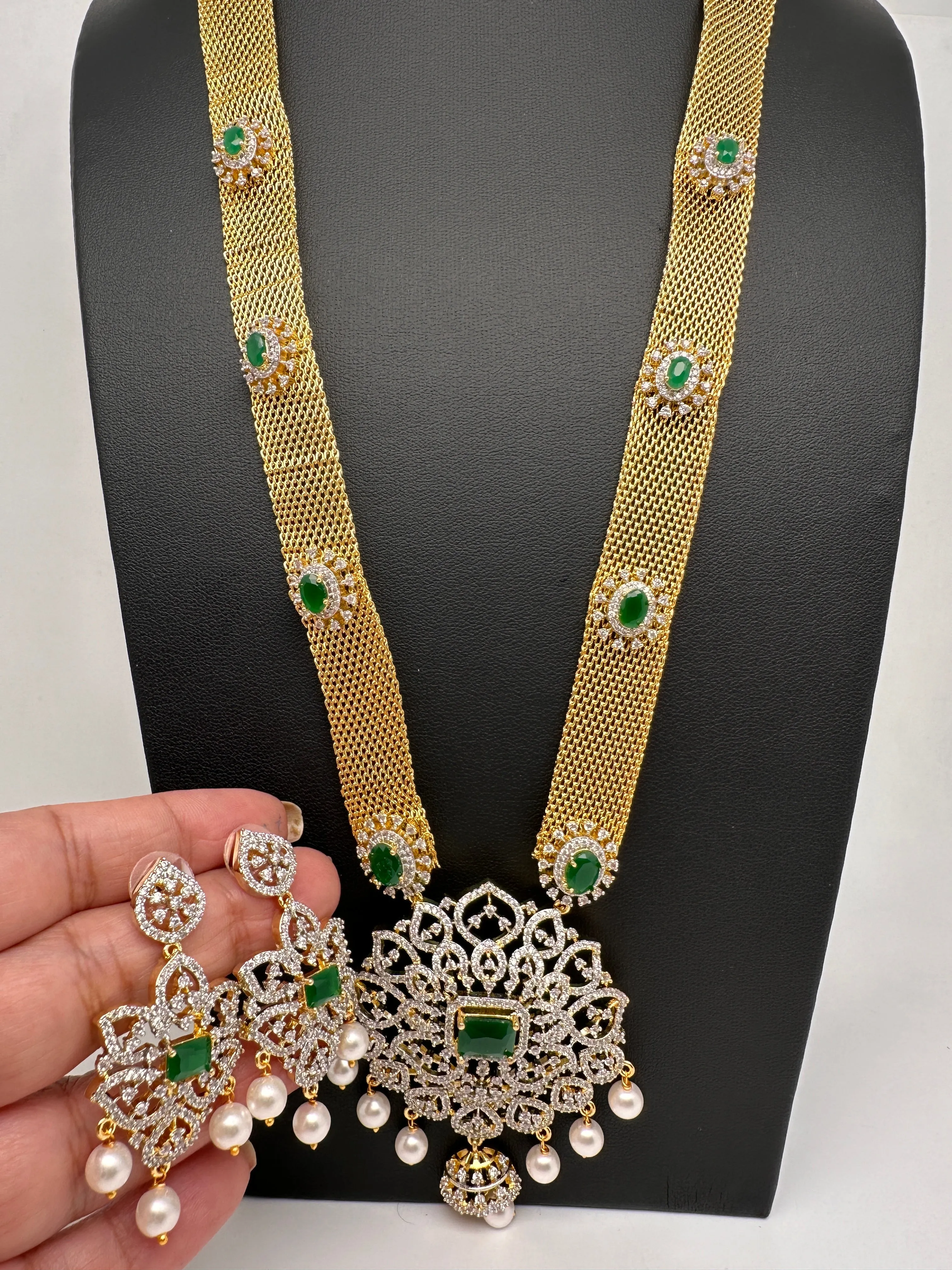 AD Golden Chain Color Stone Long Necklace