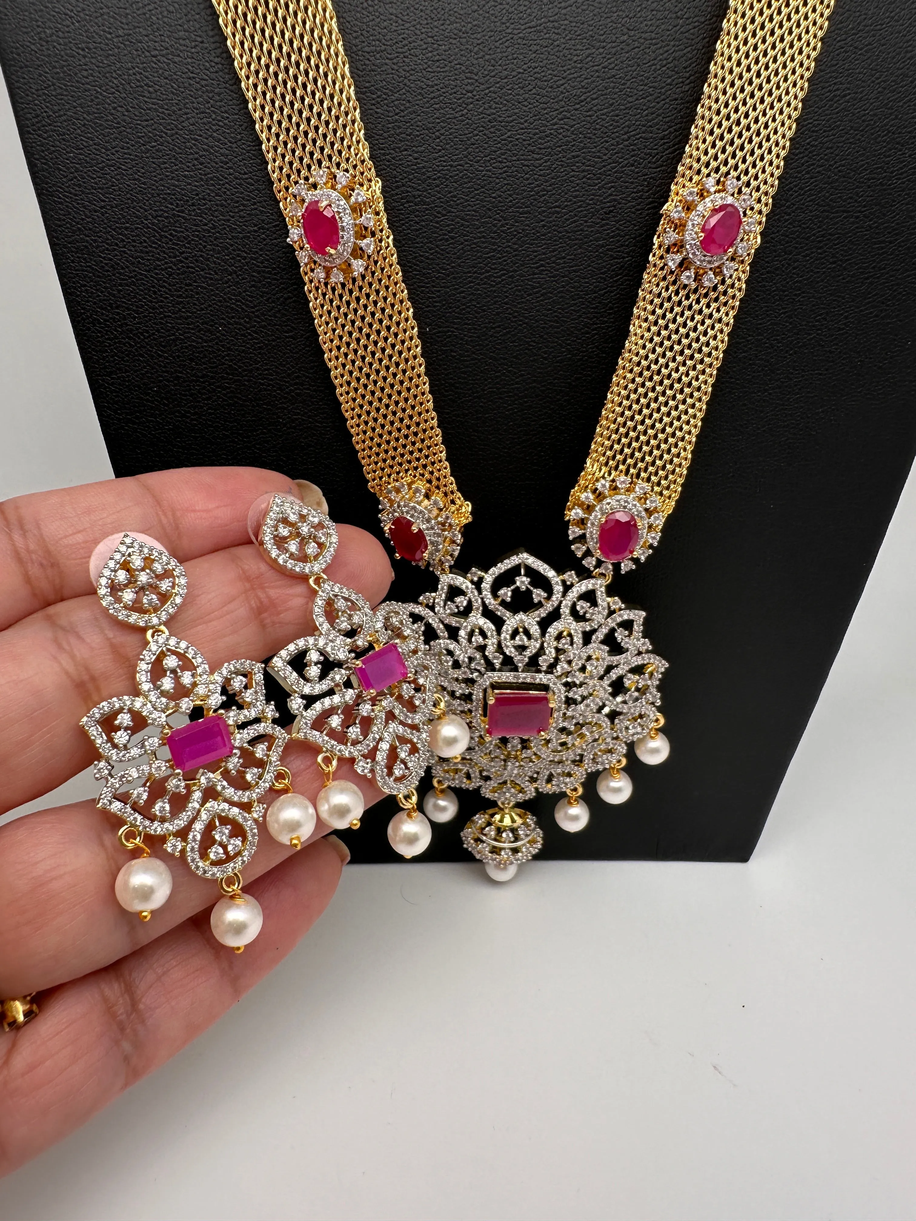 AD Golden Chain Color Stone Long Necklace