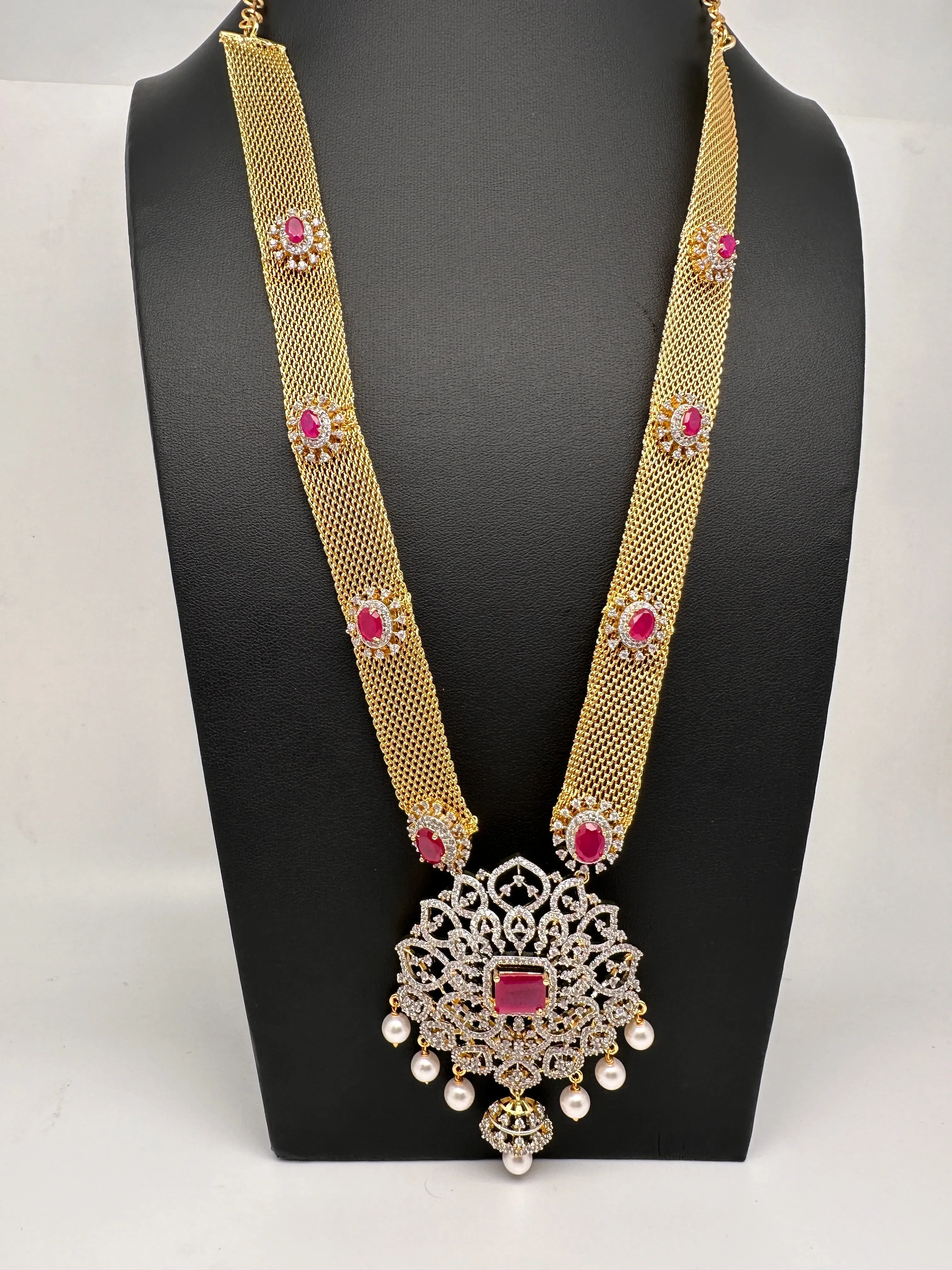 AD Golden Chain Color Stone Long Necklace