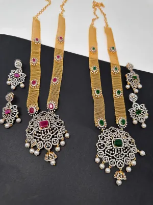 AD Golden Chain Color Stone Long Necklace