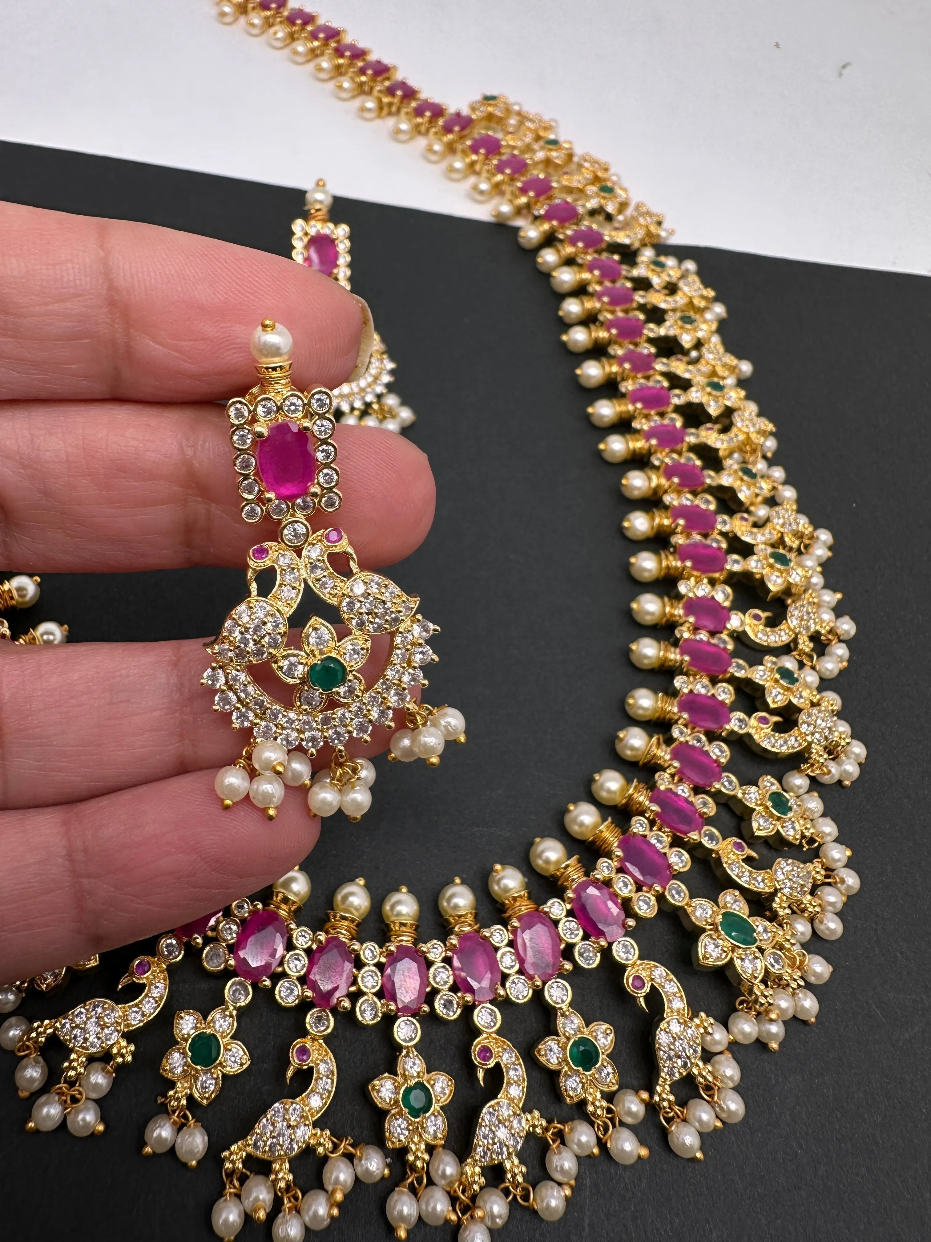 AD Ruby Red Stone Peacock Design Golden Finish Long Necklace