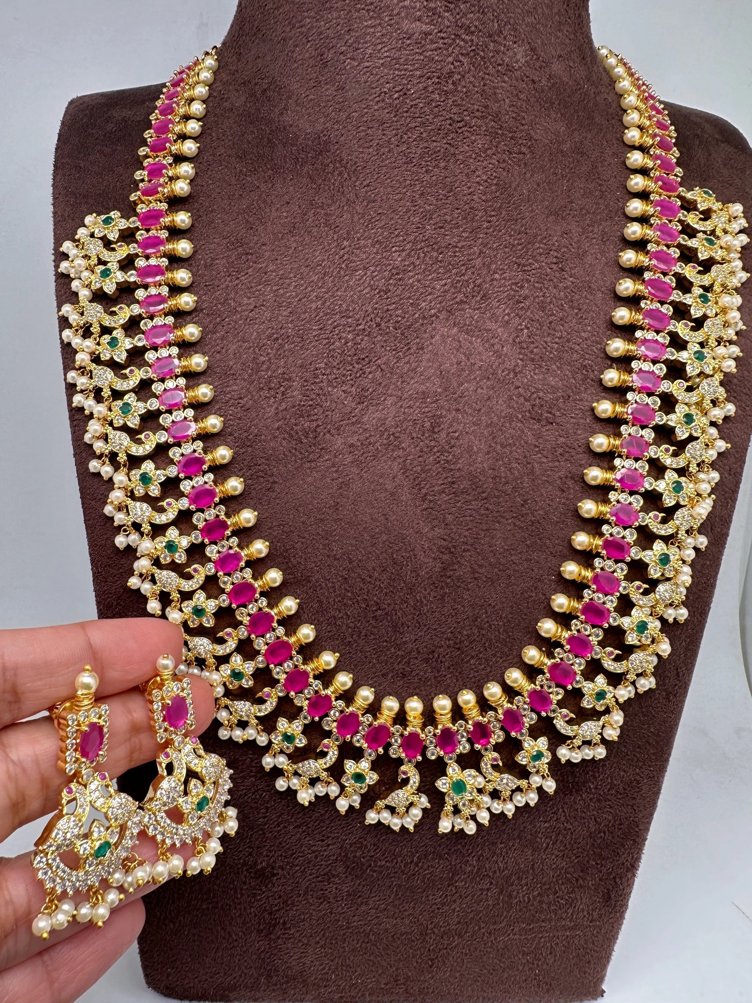 AD Ruby Red Stone Peacock Design Golden Finish Long Necklace