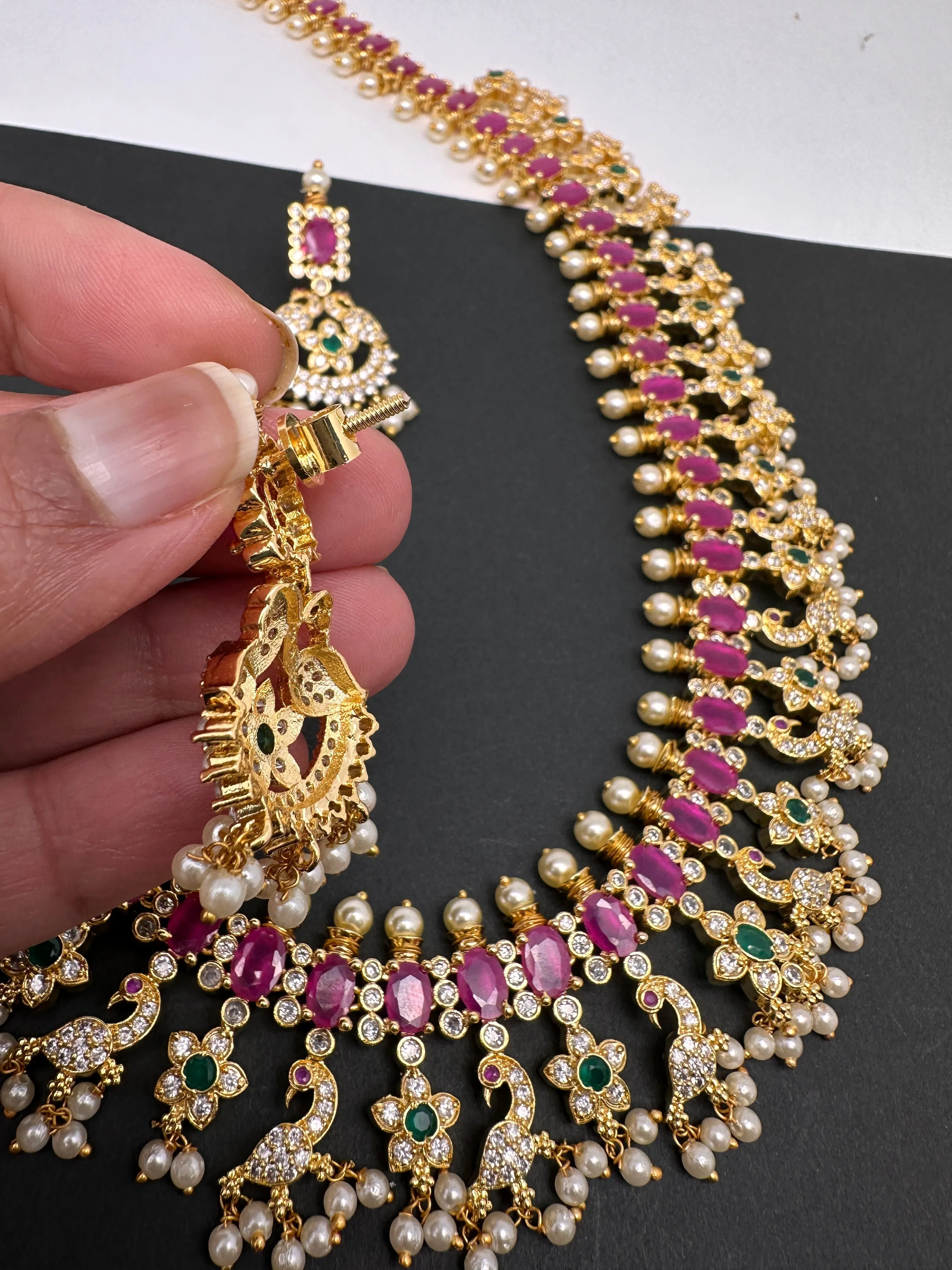 AD Ruby Red Stone Peacock Design Golden Finish Long Necklace