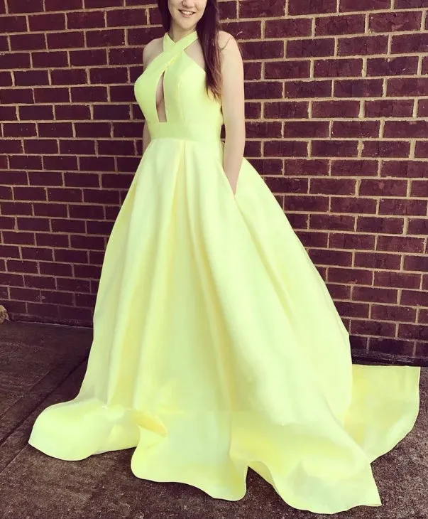 Alluring Satin Halter Neckline Sweep Train A-line Prom Dress Elegant Evening Dress