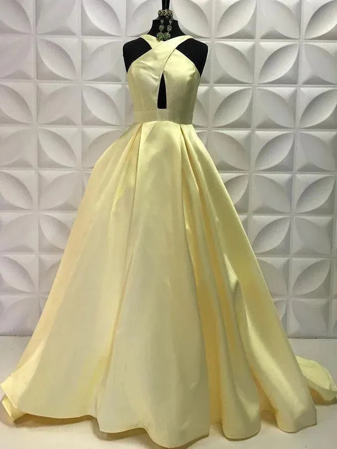 Alluring Satin Halter Neckline Sweep Train A-line Prom Dress Elegant Evening Dress