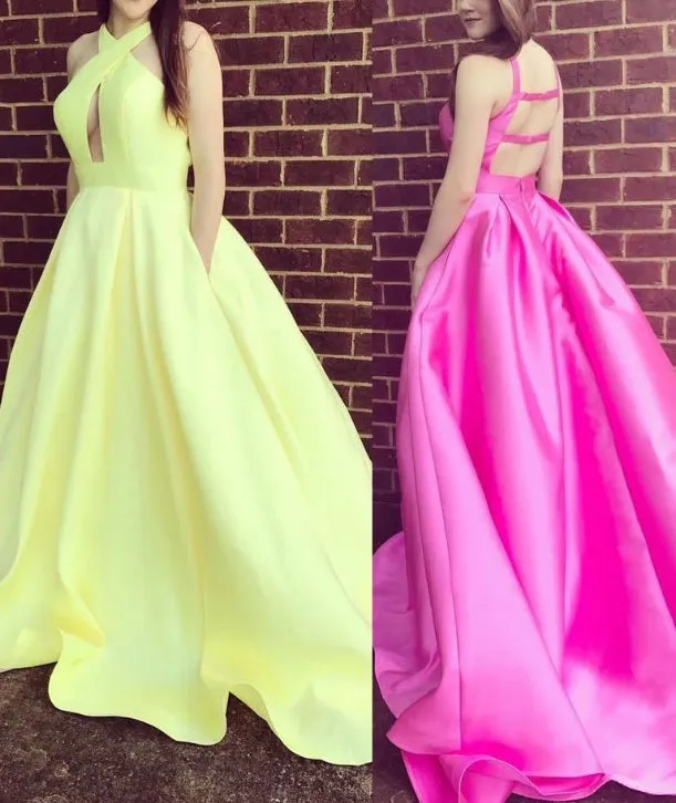 Alluring Satin Halter Neckline Sweep Train A-line Prom Dress Elegant Evening Dress