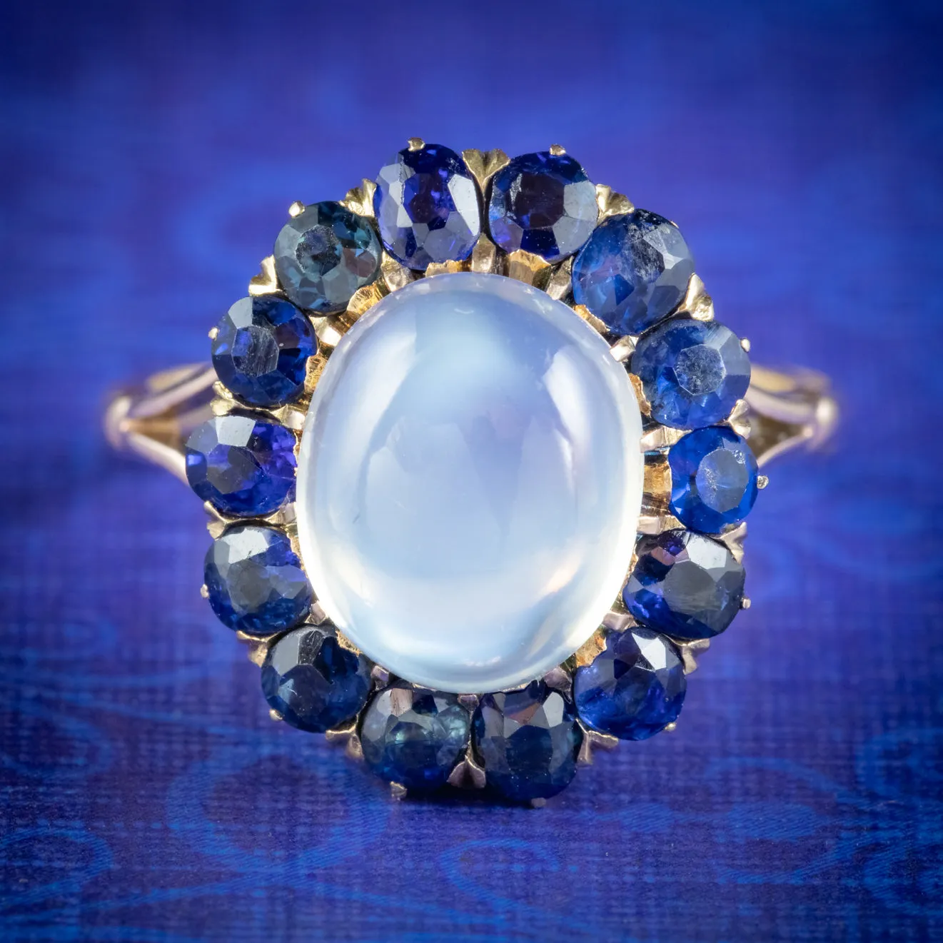 Antique Victorian Moonstone Sapphire Cluster Ring 9ct Gold Circa 1900