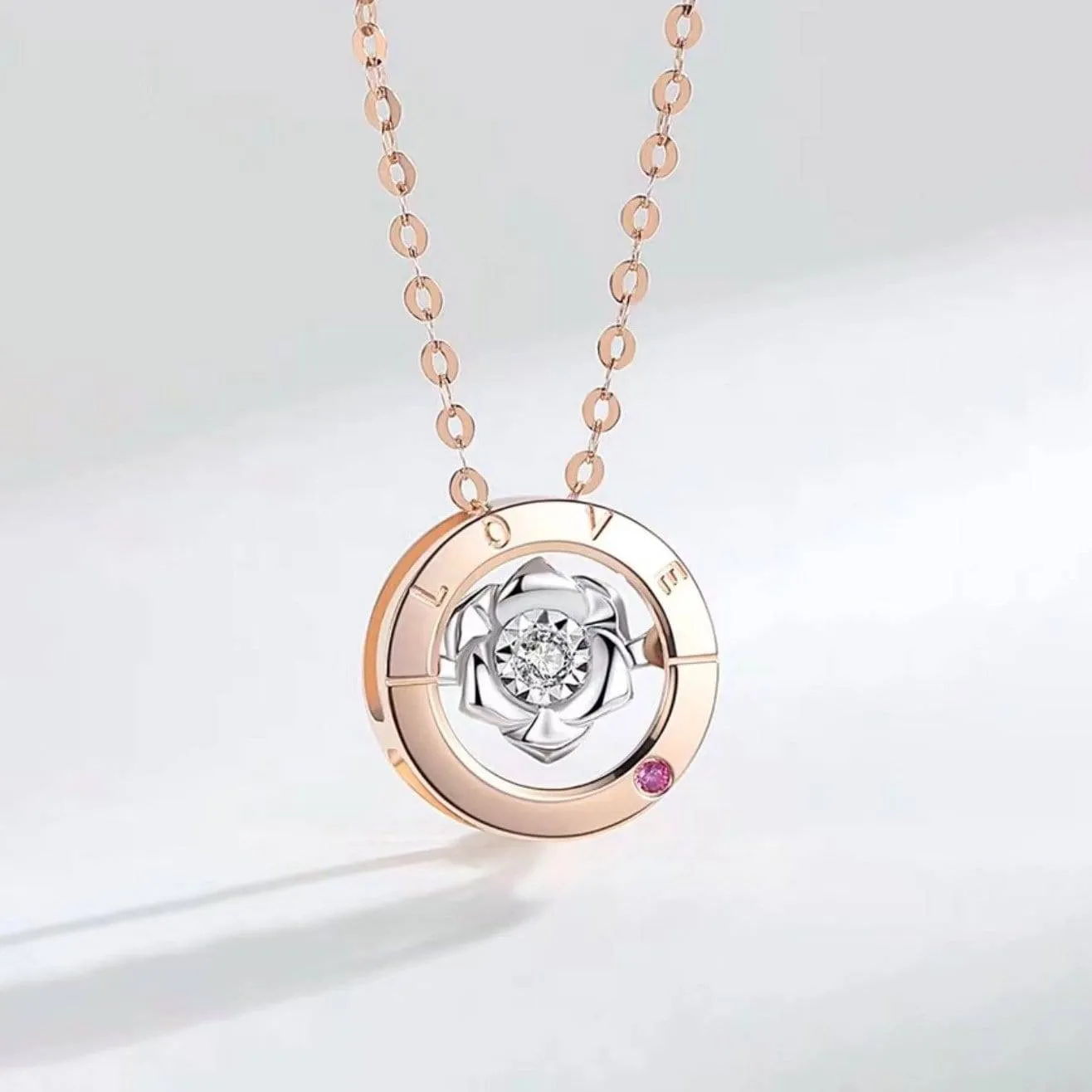 Baikalla™ Love Collection 18K Rose Gold Genuine Red Ruby & Diamond Round Rose Flower Love Necklace