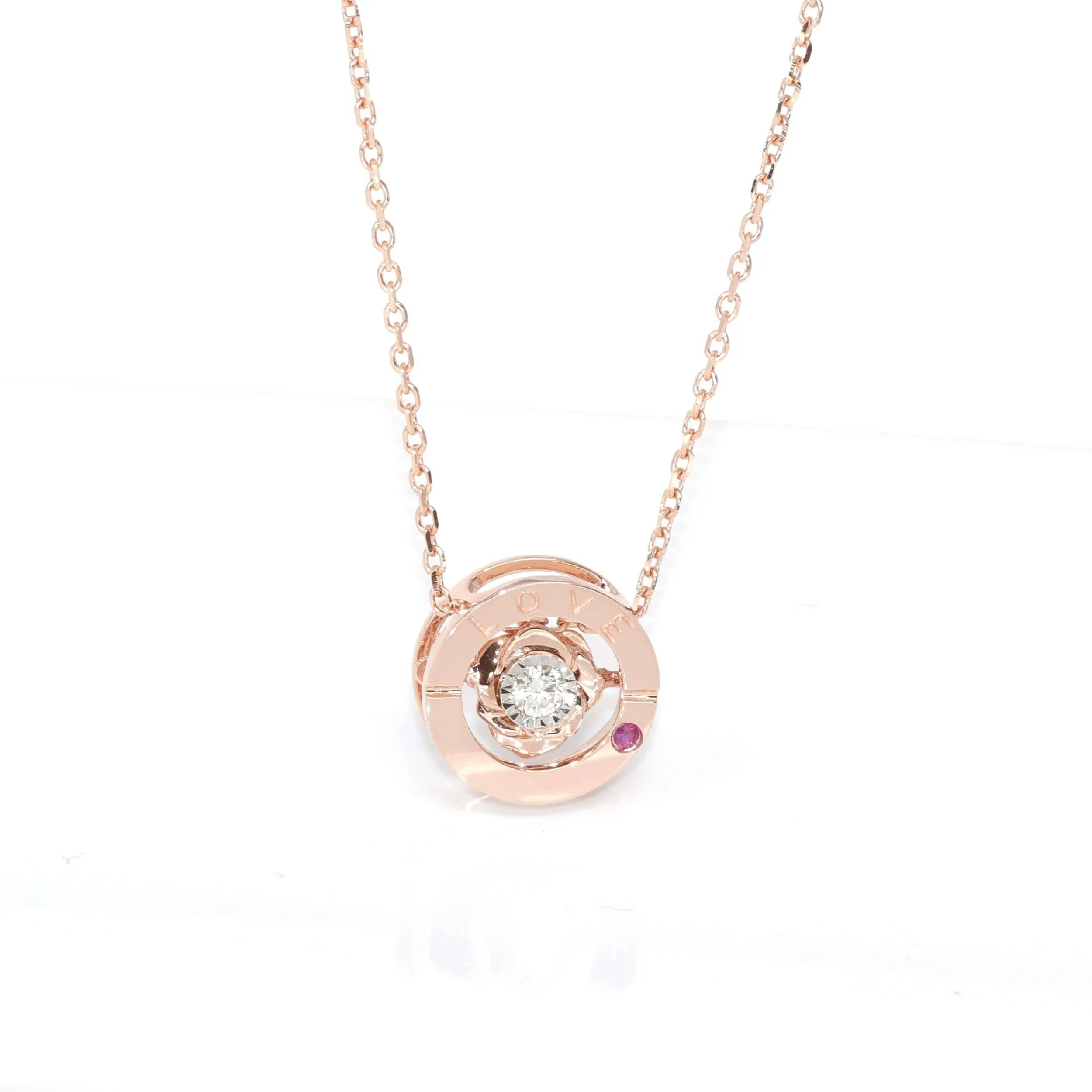 Baikalla™ Love Collection 18K Rose Gold Genuine Red Ruby & Diamond Round Rose Flower Love Necklace