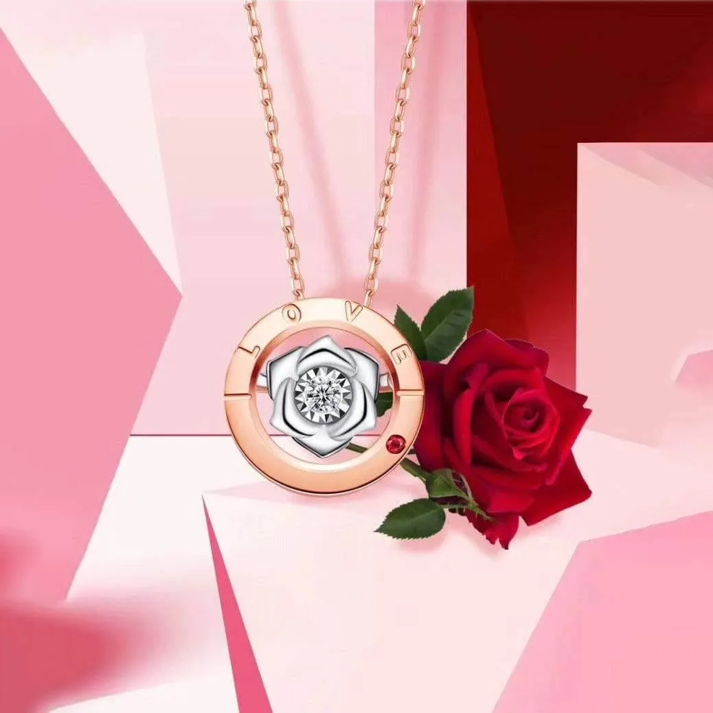 Baikalla™ Love Collection 18K Rose Gold Genuine Red Ruby & Diamond Round Rose Flower Love Necklace