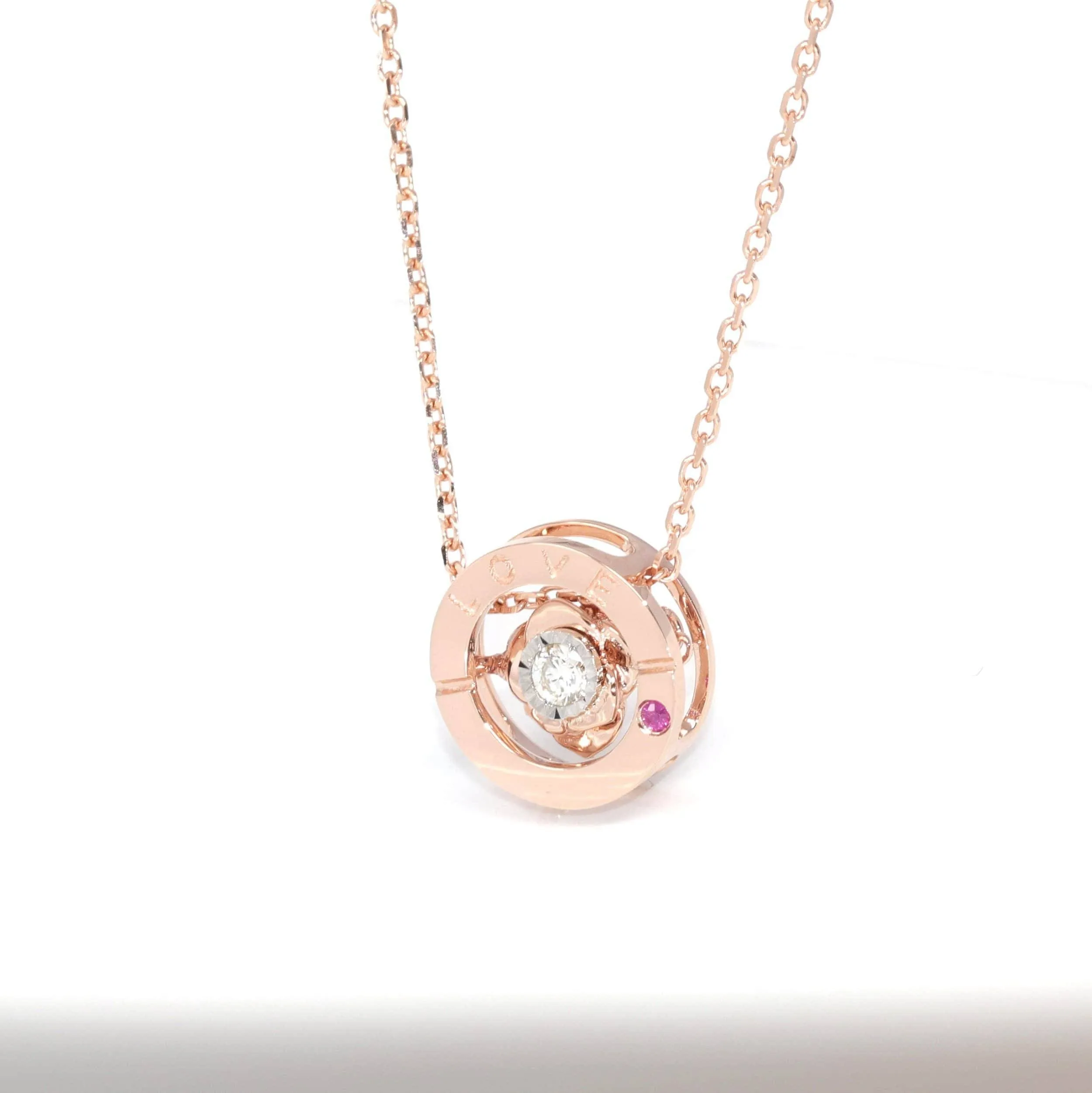 Baikalla™ Love Collection 18K Rose Gold Genuine Red Ruby & Diamond Round Rose Flower Love Necklace