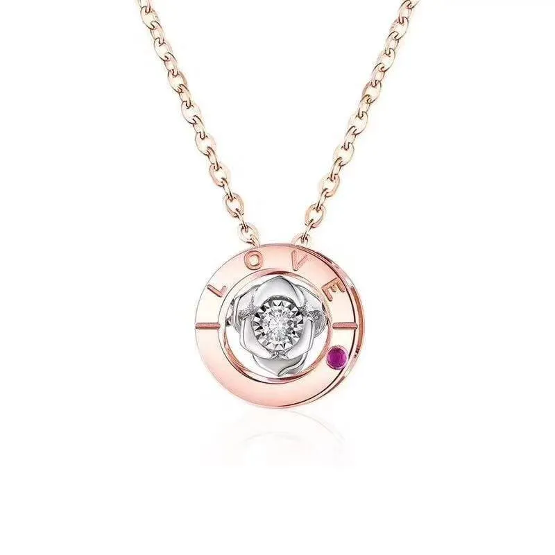 Baikalla™ Love Collection 18K Rose Gold Genuine Red Ruby & Diamond Round Rose Flower Love Necklace