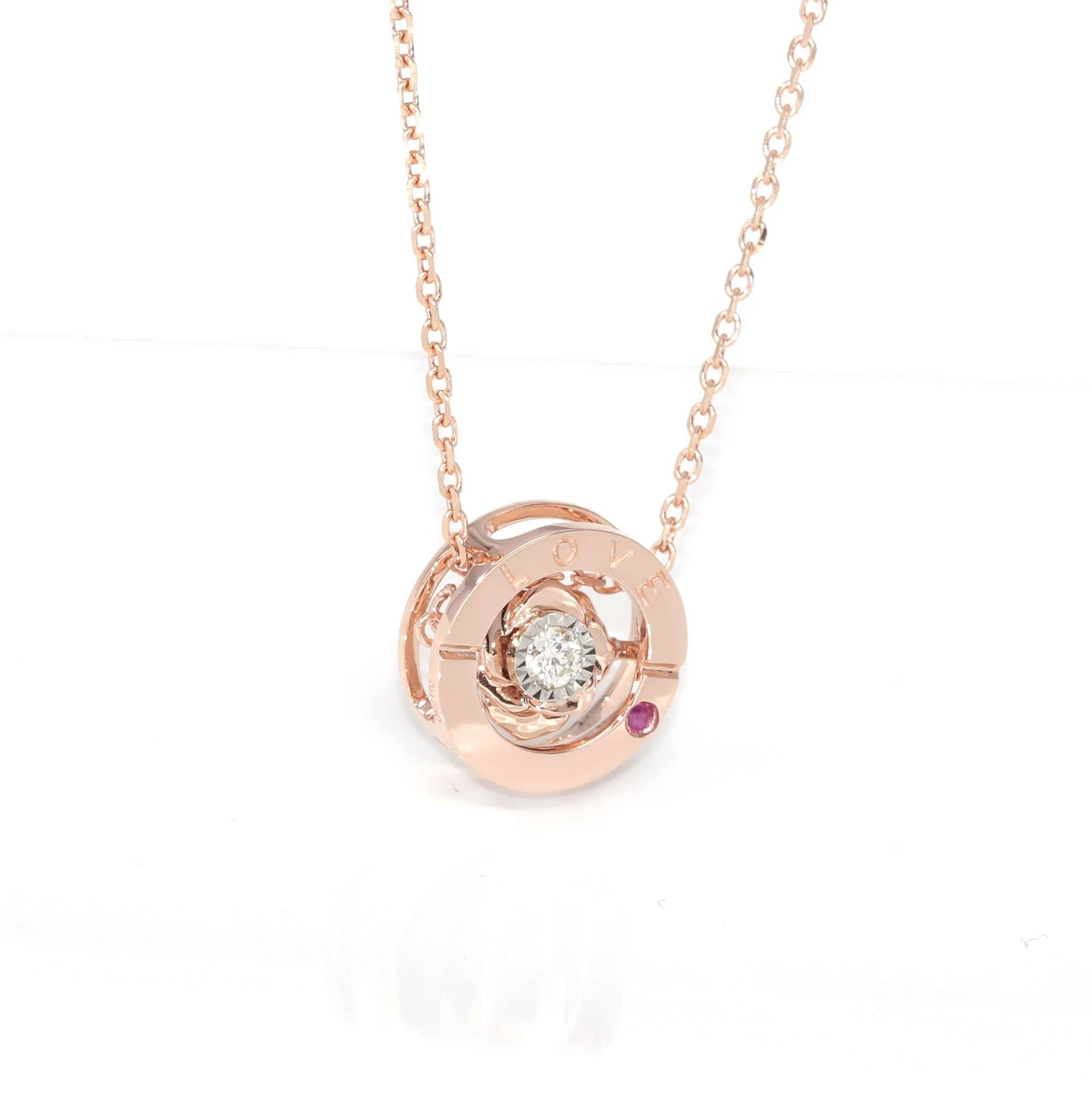 Baikalla™ Love Collection 18K Rose Gold Genuine Red Ruby & Diamond Round Rose Flower Love Necklace