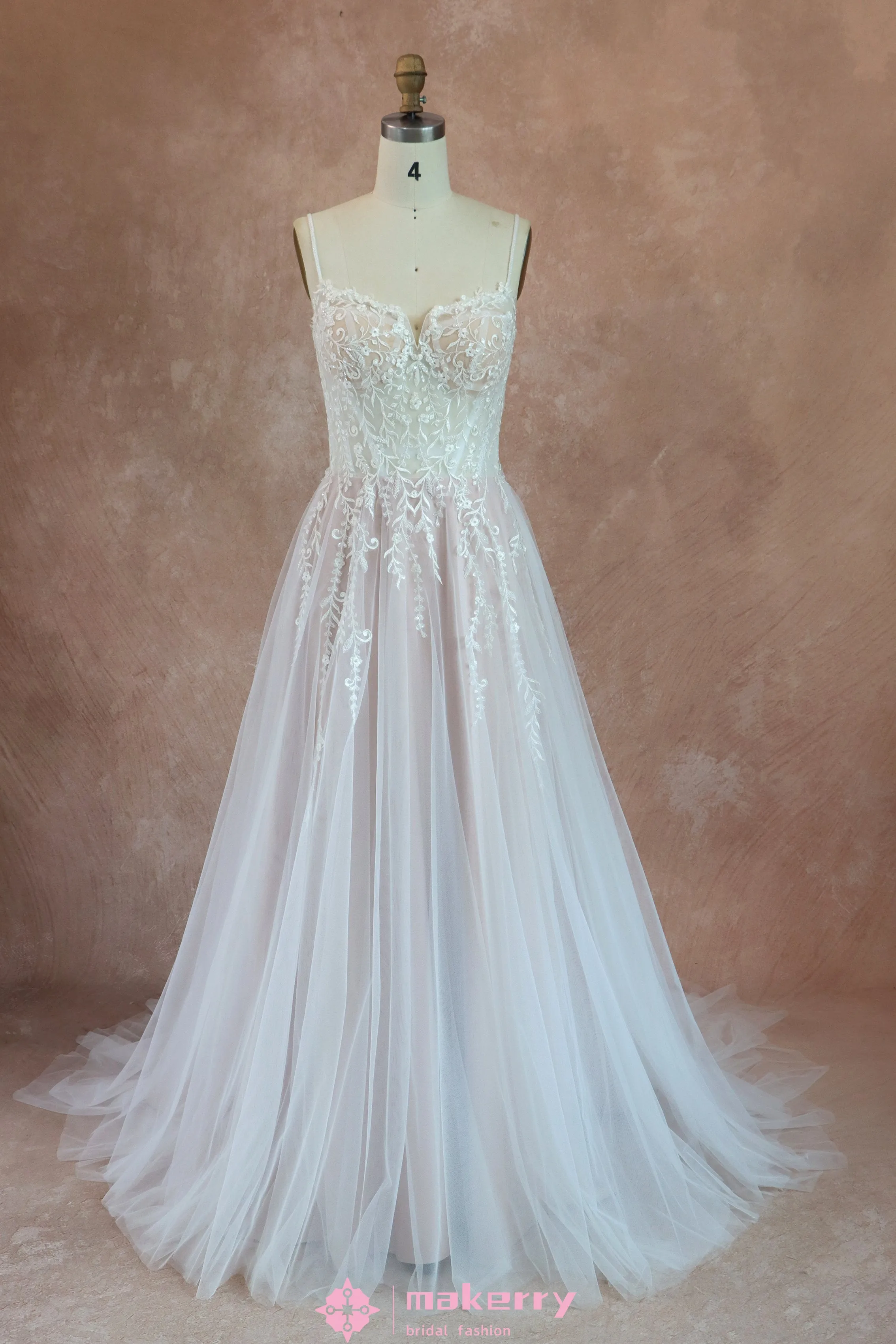 Beautiful Ethereal A-Line Wedding Dress with Spaghetti Straps