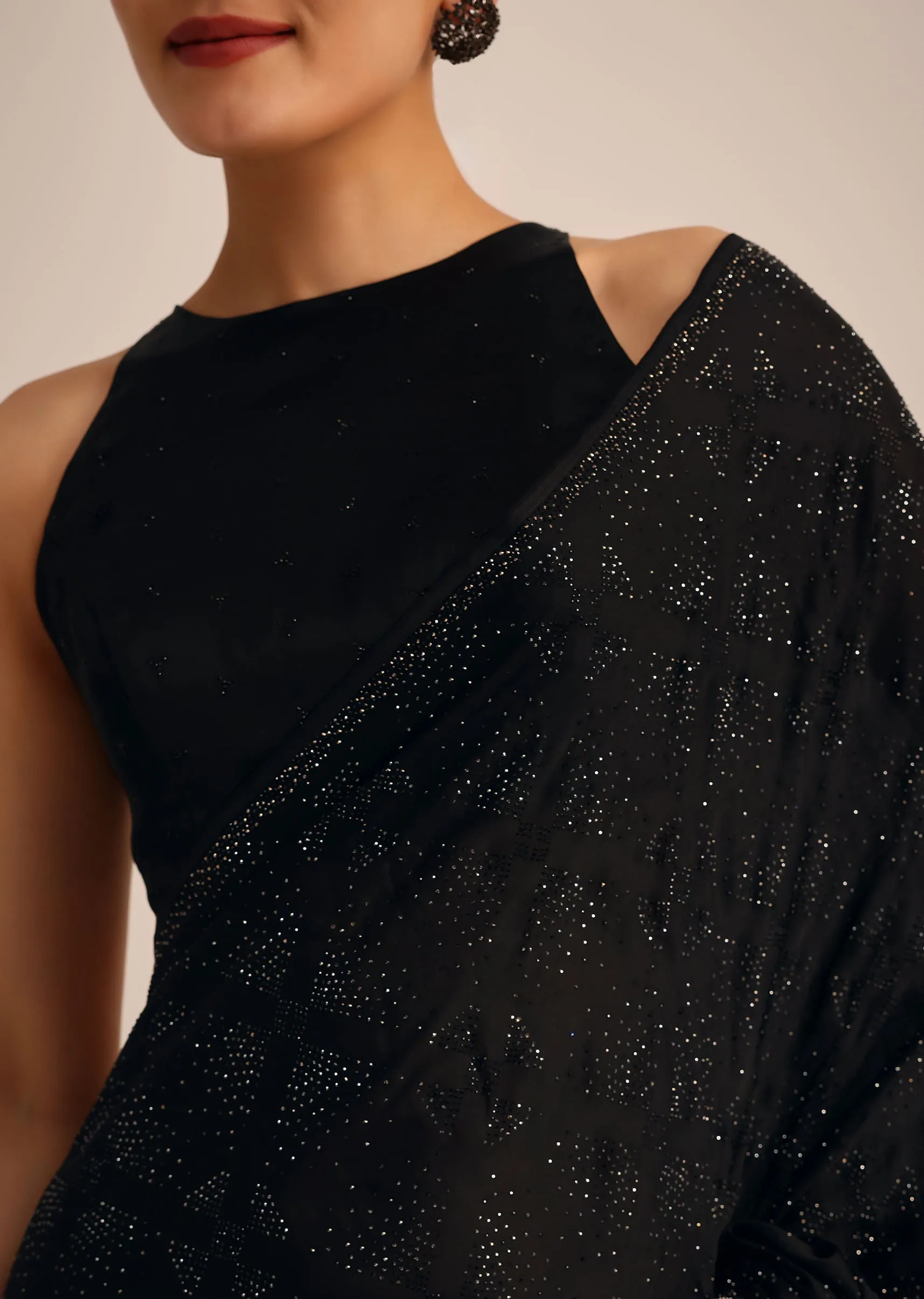 Black Stone Embroidered Satin Saree With Unstitched Blouse