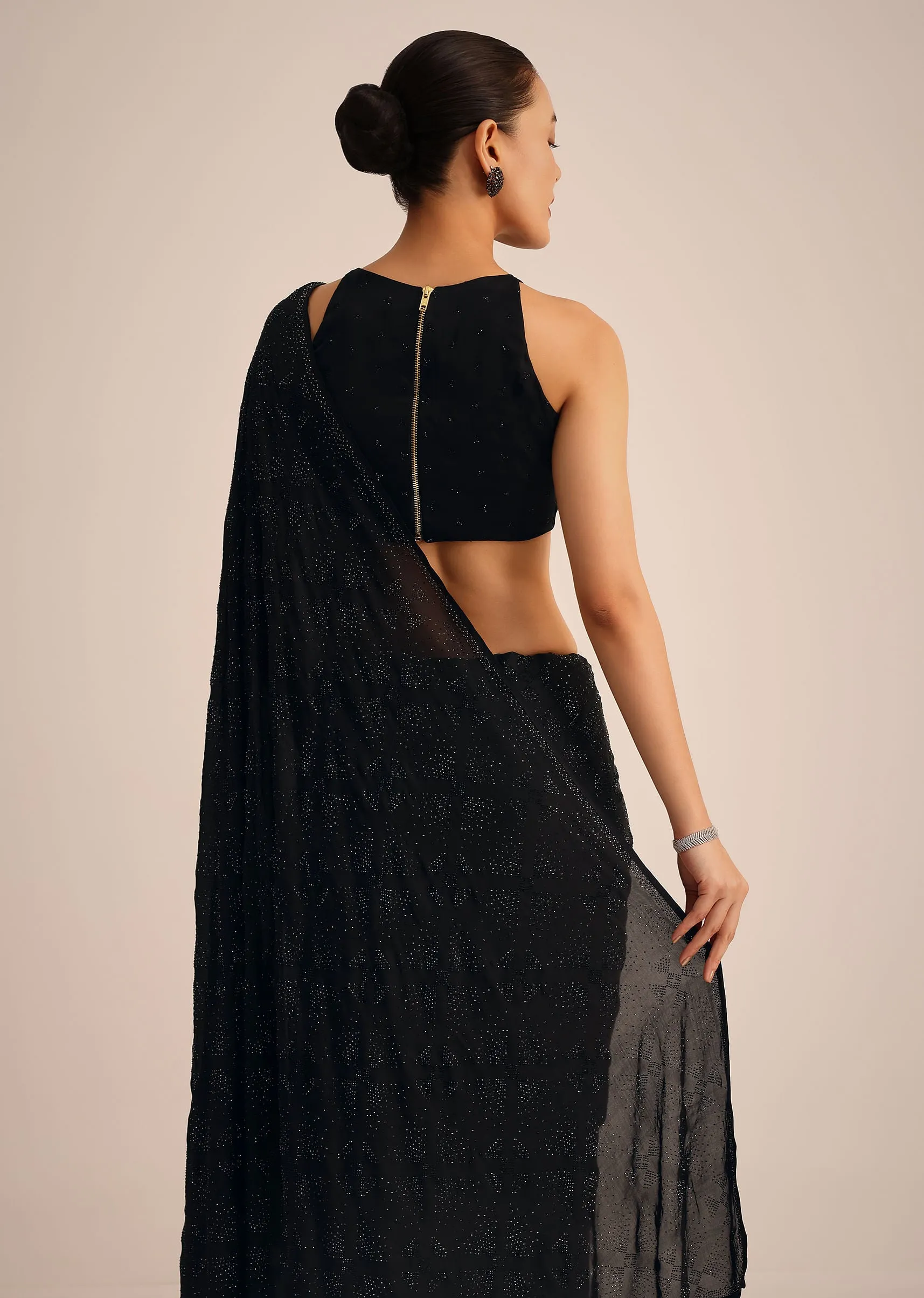 Black Stone Embroidered Satin Saree With Unstitched Blouse