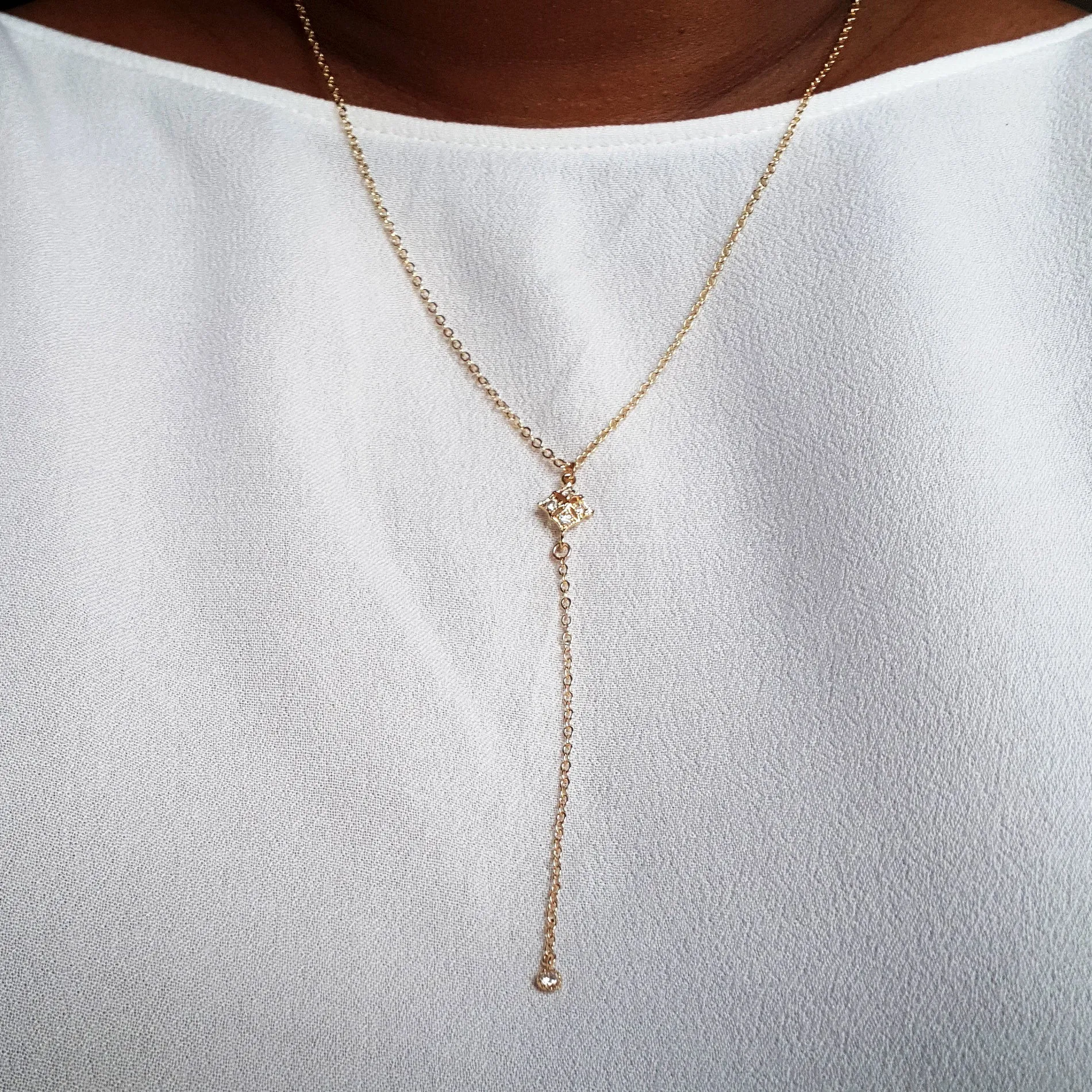 Dainty lariat necklace for weddings, y necklace in gold, silver