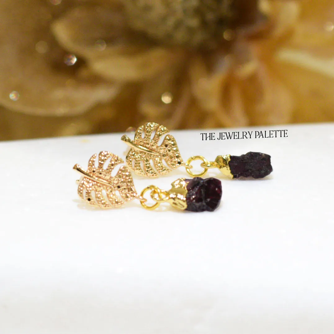 Dania gold leaf with gold edged garnet drop earrings