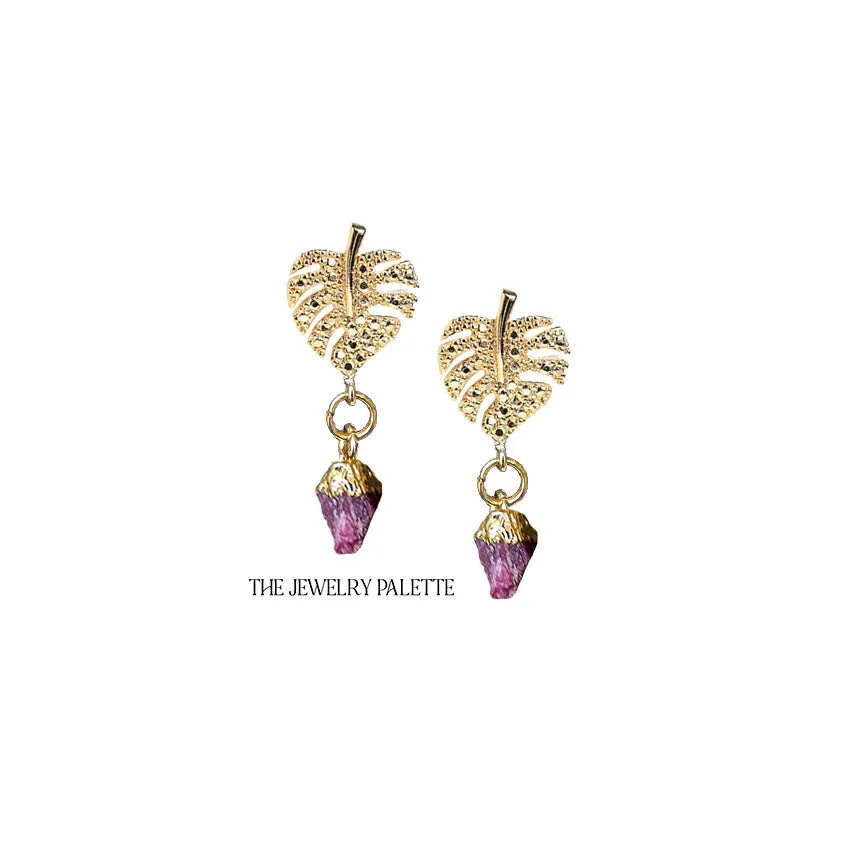 Dania gold leaf with gold edged garnet drop earrings