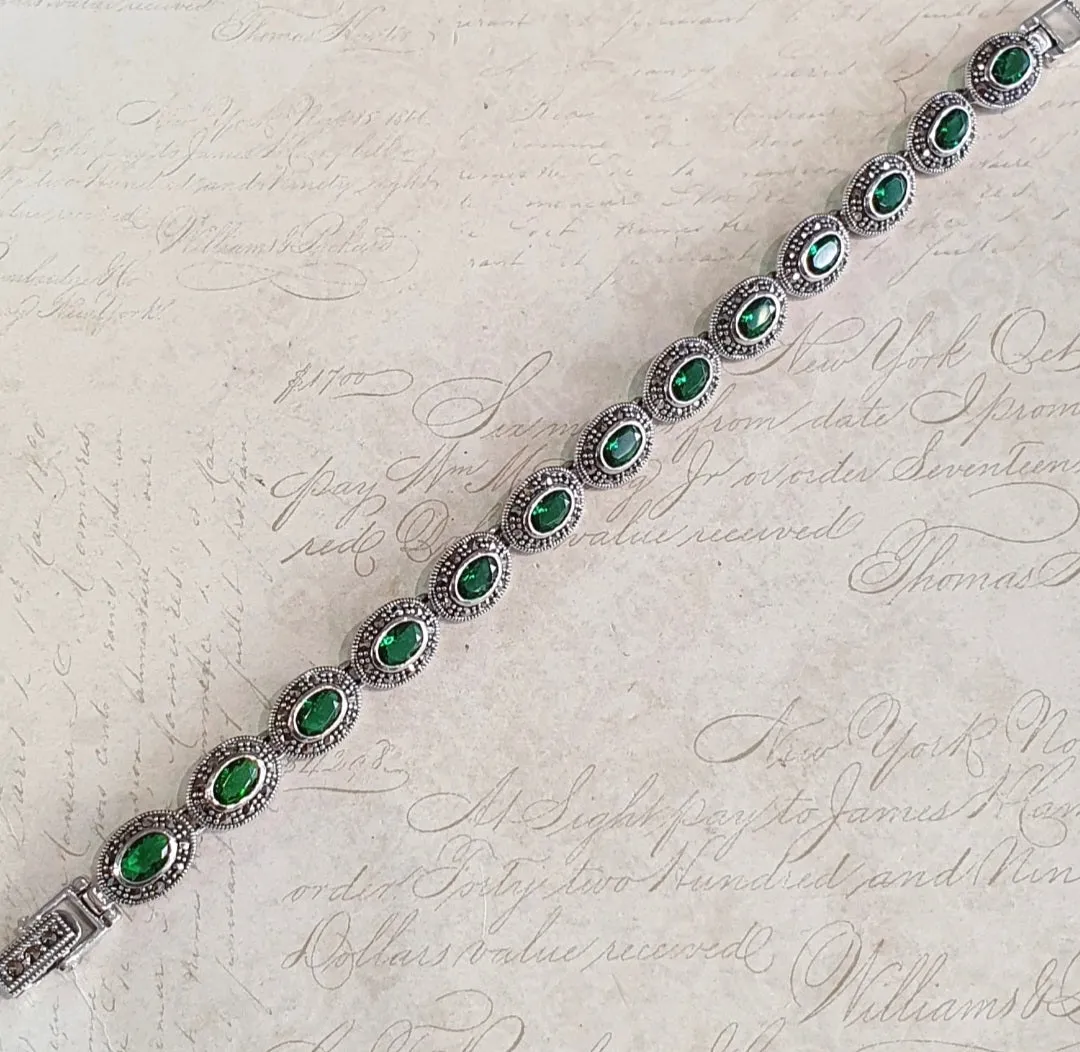 Emerald Green Bracelet Silver Marcasite Oval Stones
