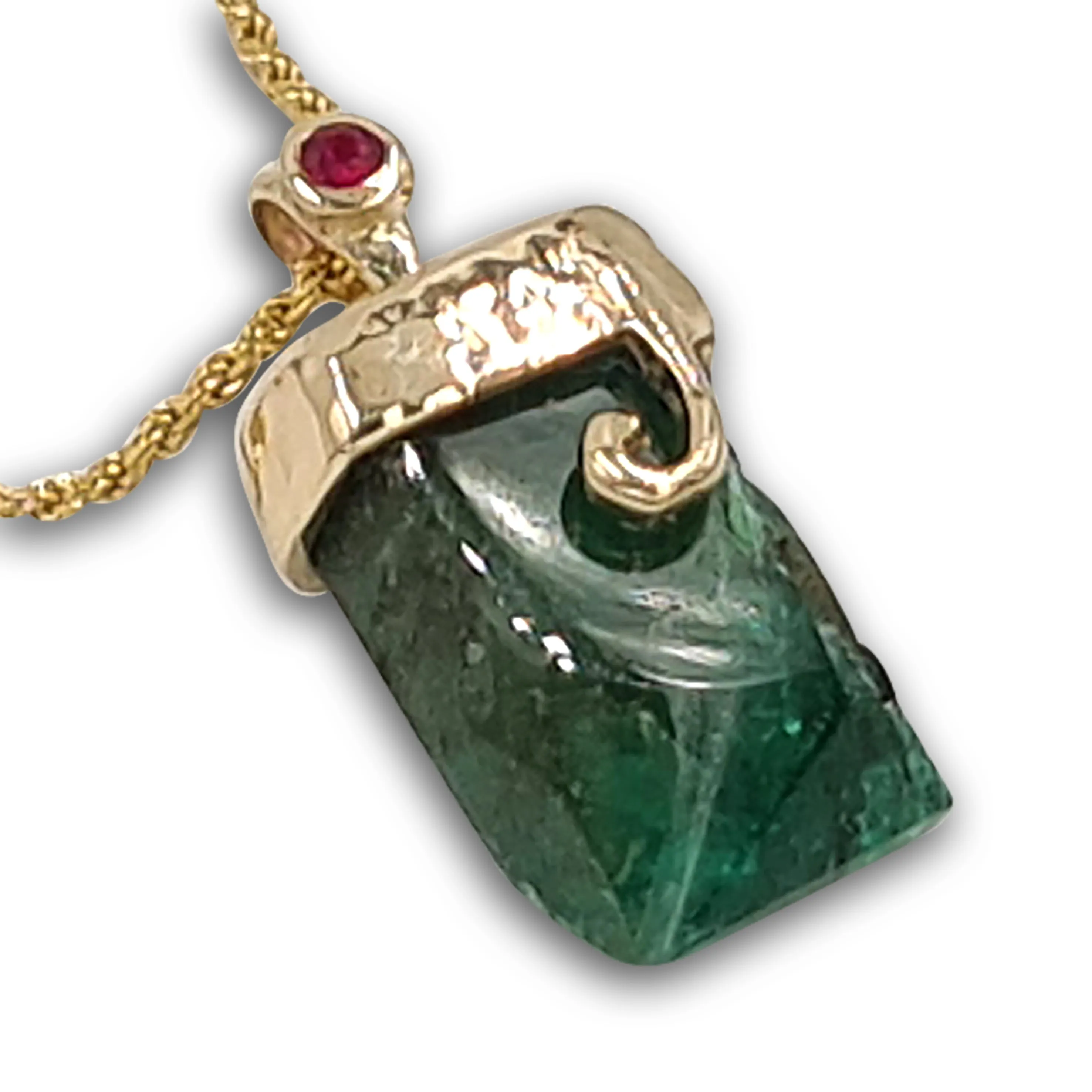 Genuine Raw Emerald 14K gold pendant with Ruby
