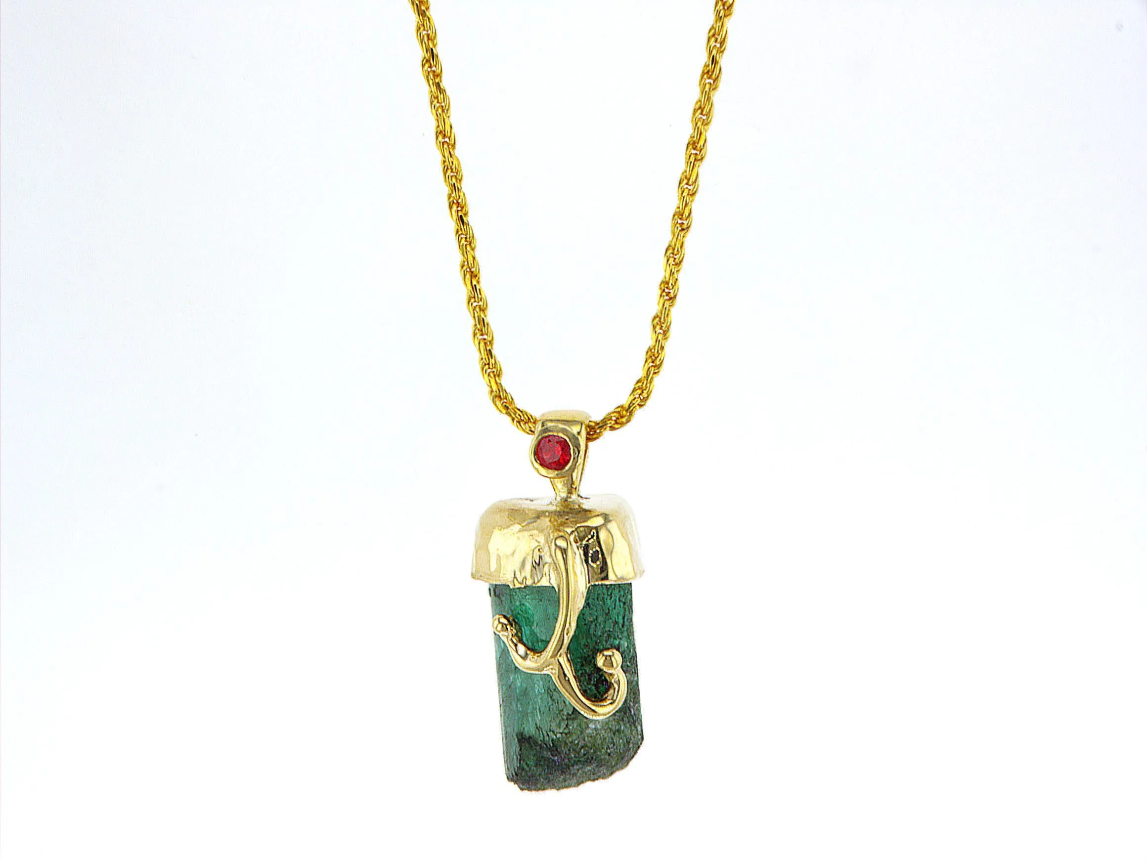 Genuine Raw Emerald 14K gold pendant with Ruby
