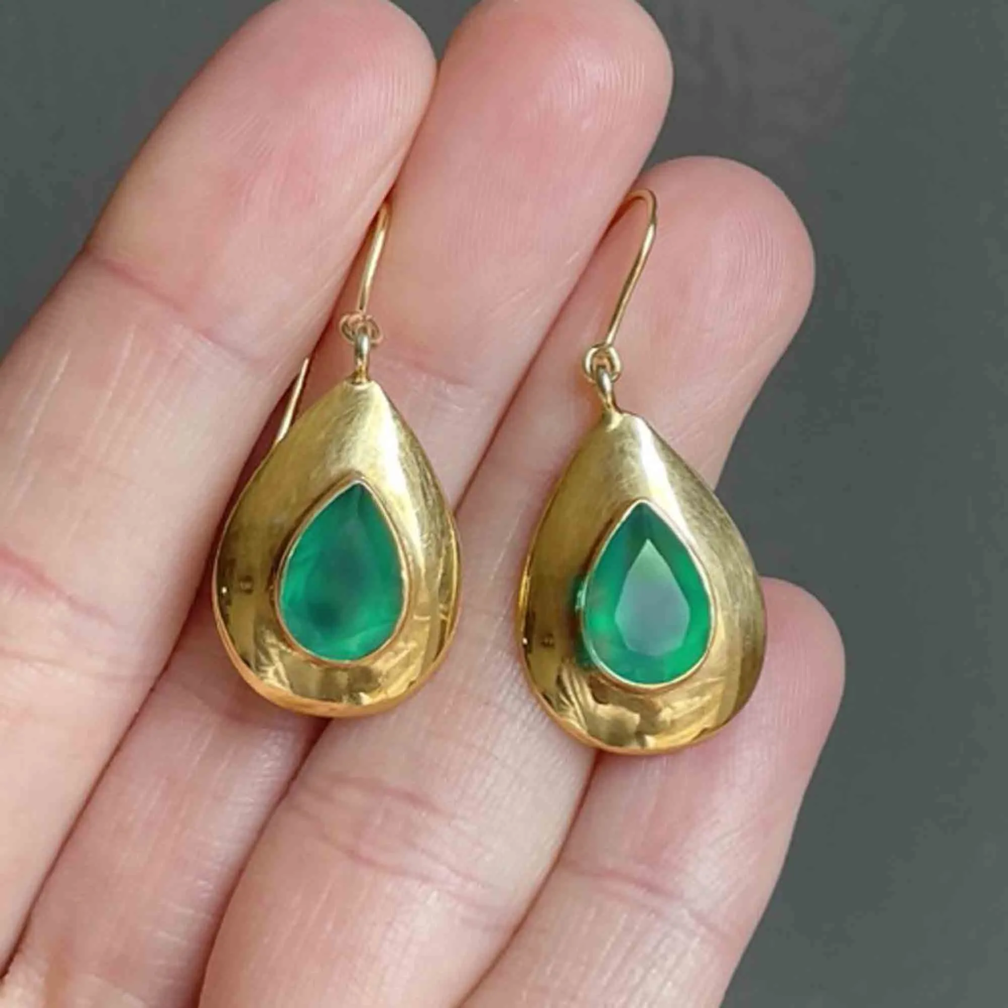 Gold Faceted Emerald Teardrop Dangle Earrings