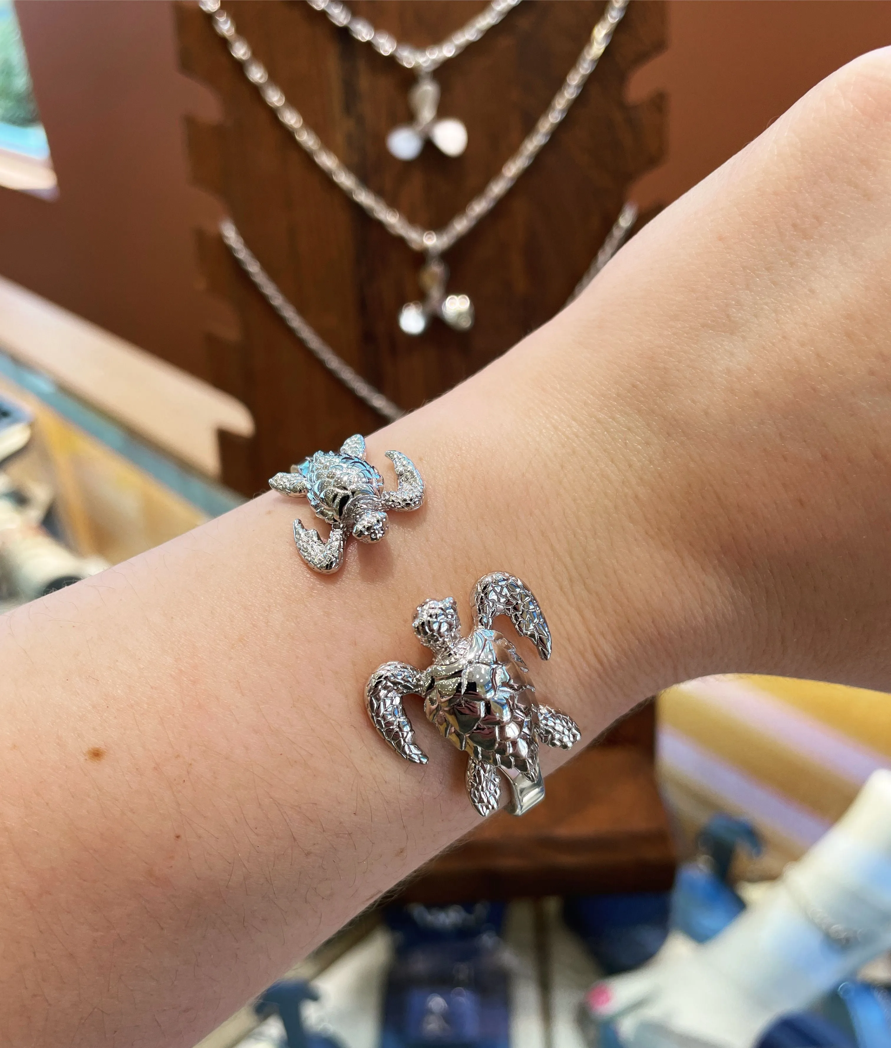 Ladies Adjustable Two Sea Turtle Cuff Bracelet from Nau-T-Girl in Silver