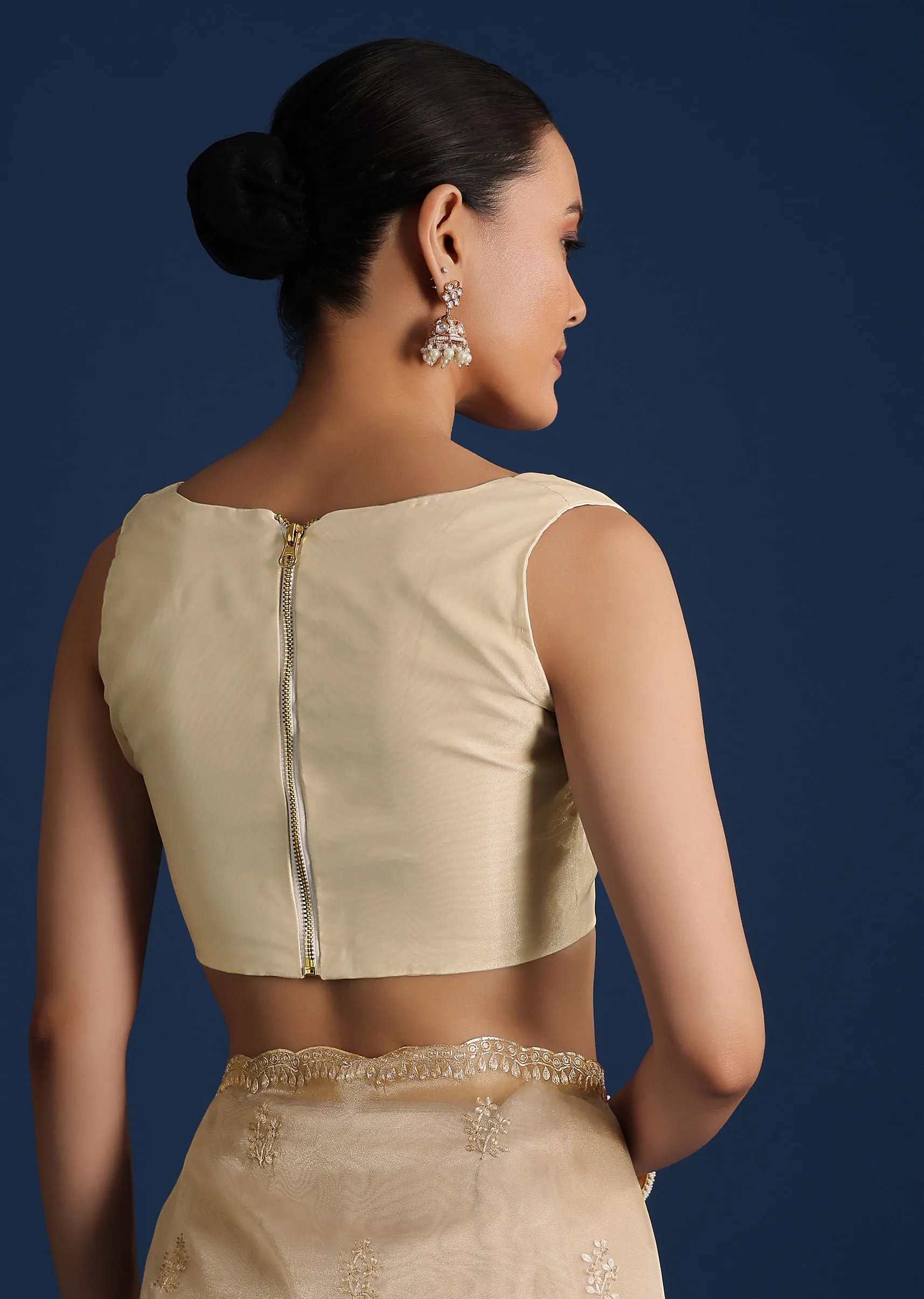 Light Gold Glass Tissue Saree With Pitta Work