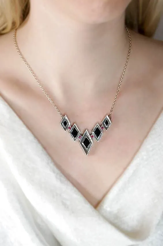 Medieval V-Shaped Black Gemstone Necklace, Sterling Silver