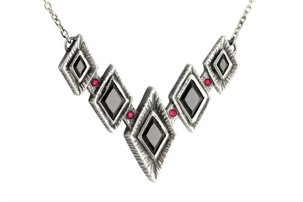 Medieval V-Shaped Black Gemstone Necklace, Sterling Silver