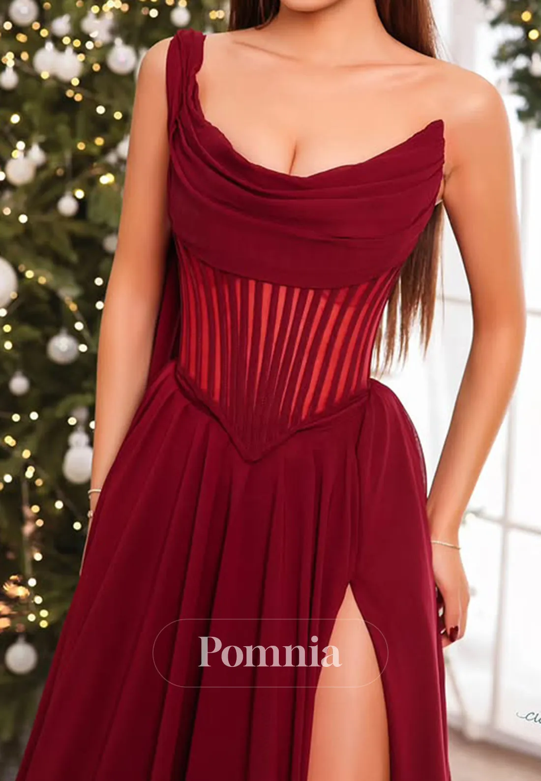 One Shoulder Sleeveless Prom Dress with Slit Corset Evning Party Dress