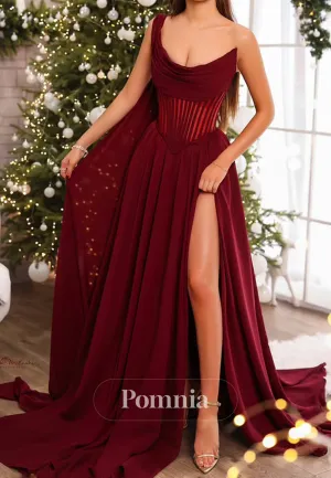 One Shoulder Sleeveless Prom Dress with Slit Corset Evning Party Dress